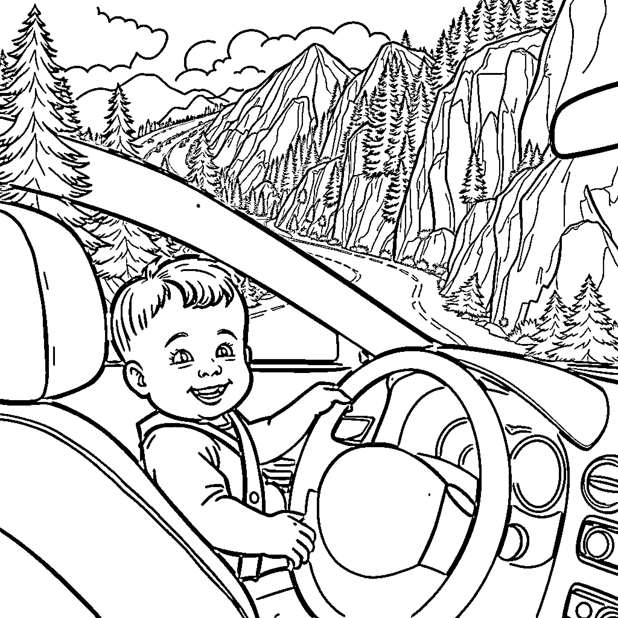 Baby driving car on scenic mountain road Coloring Page (free black-and-white line drawing printable PDF for all, from beginners to advanced learners, including children, teens, adults, and seniors)
