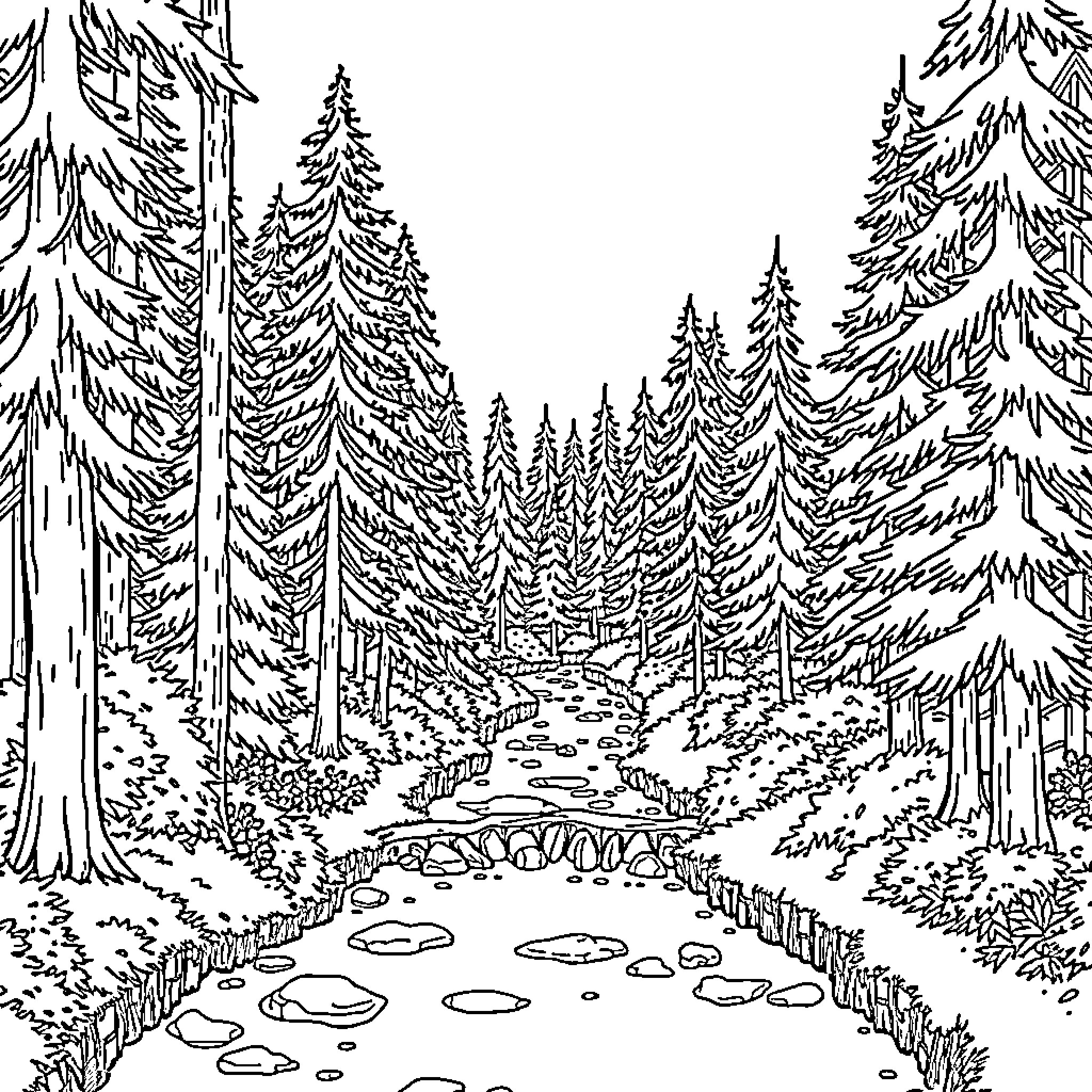 Forest scene with winding stream and towering pine trees Coloring Page (free black-and-white line drawing printable PDF for all, from beginners to advanced learners, including children, teens, adults, and seniors)