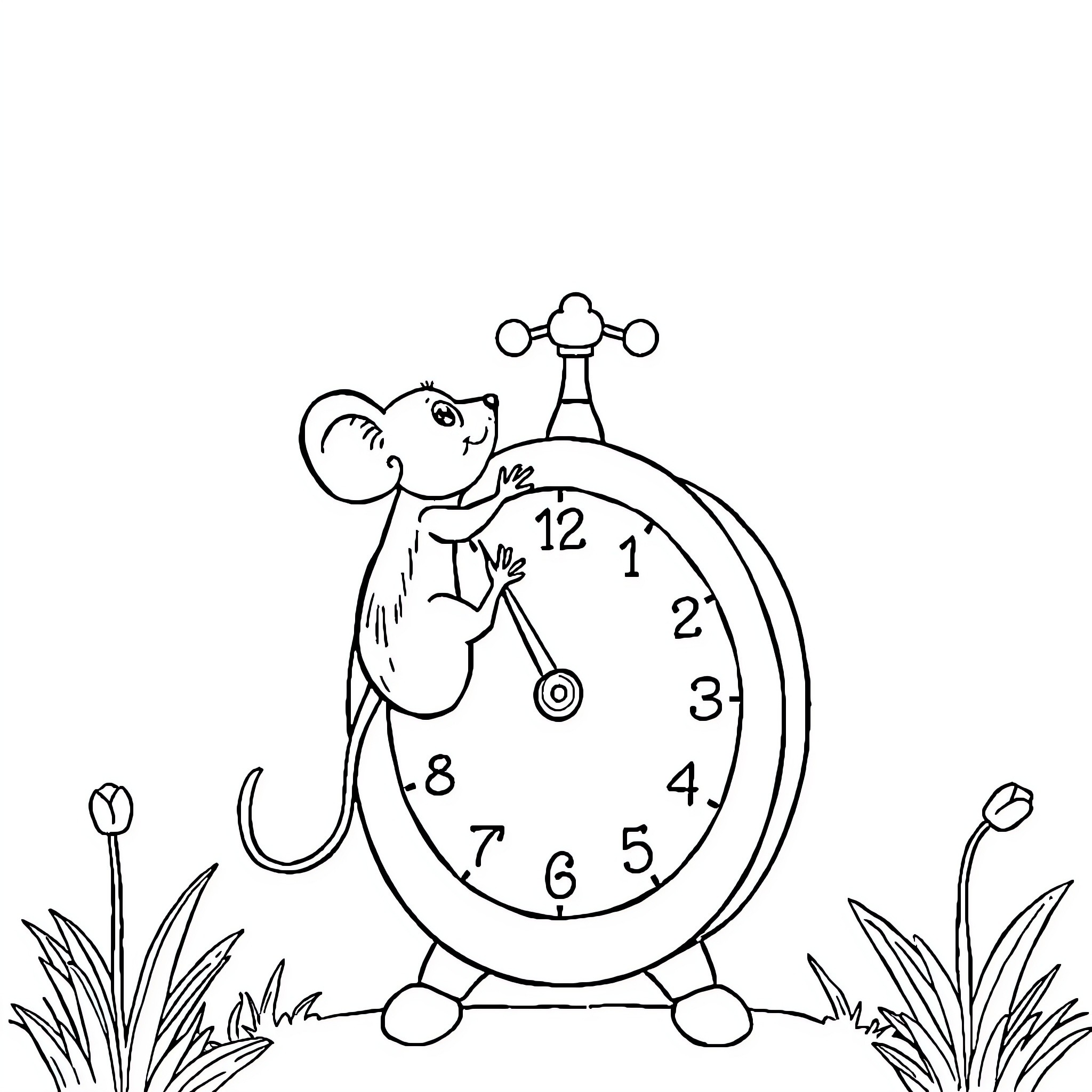 Mouse examining antique clock in nature Coloring Page (free black-and-white line drawing printable PDF for all, from beginners to advanced learners, including children, teens, adults, and seniors)