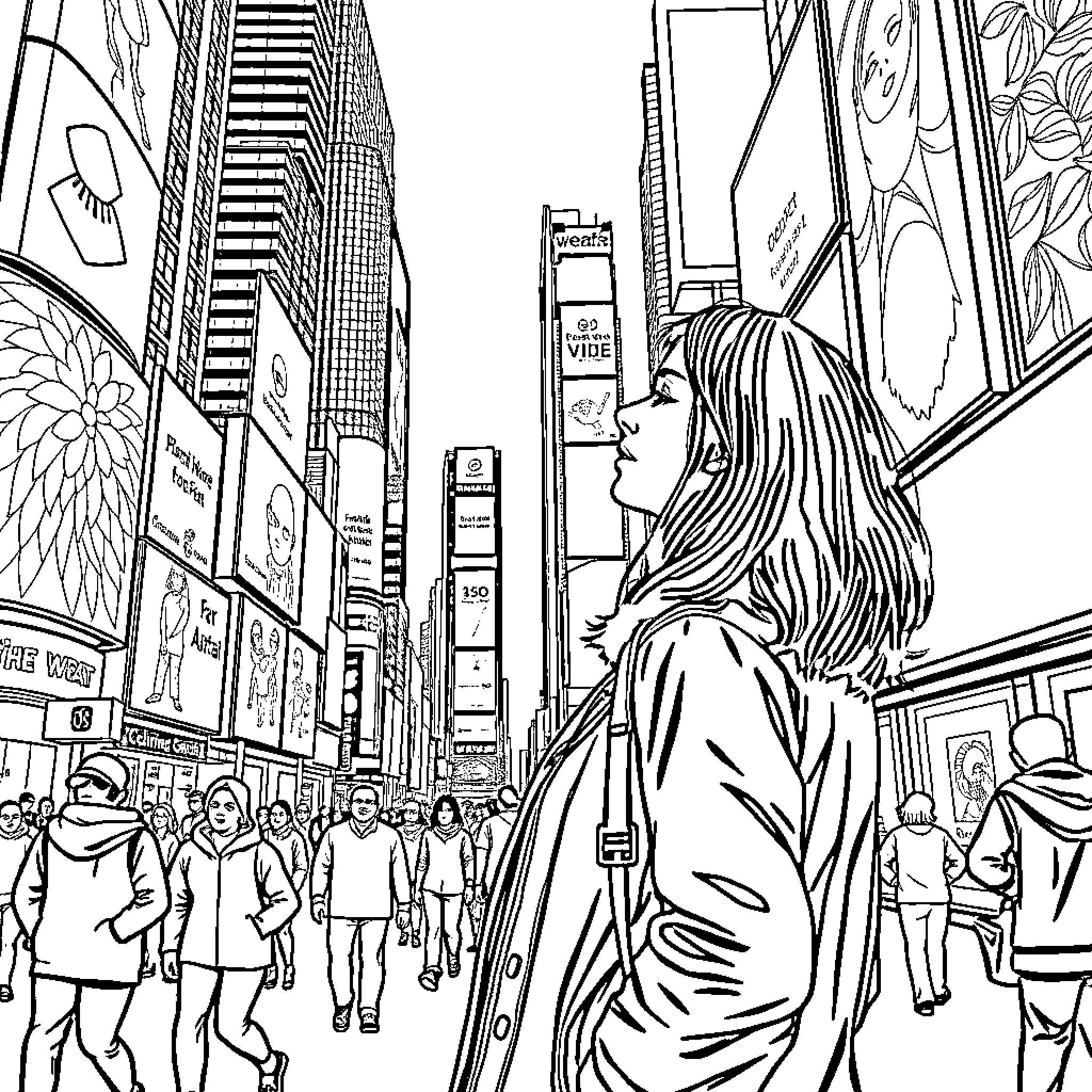 Lady Gazes at the Bustling City Scene Coloring Page (free black-and-white line drawing printable PDF for all, from beginners to advanced learners, including children, teens, adults, and seniors)