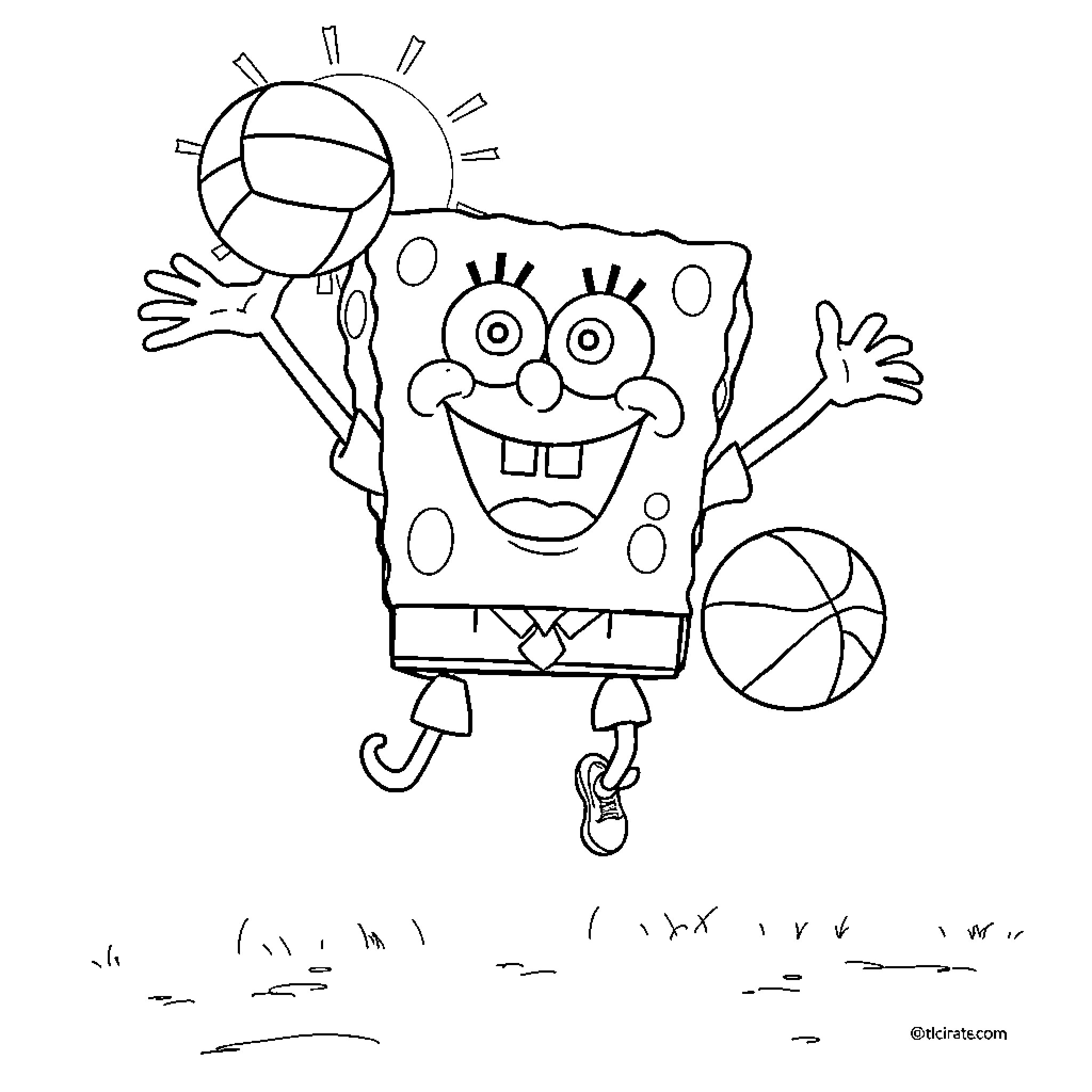 Spongebob playing with beach ball and toys Coloring Page (free black-and-white line drawing printable PDF for all, from beginners to advanced learners, including children, teens, adults, and seniors)
