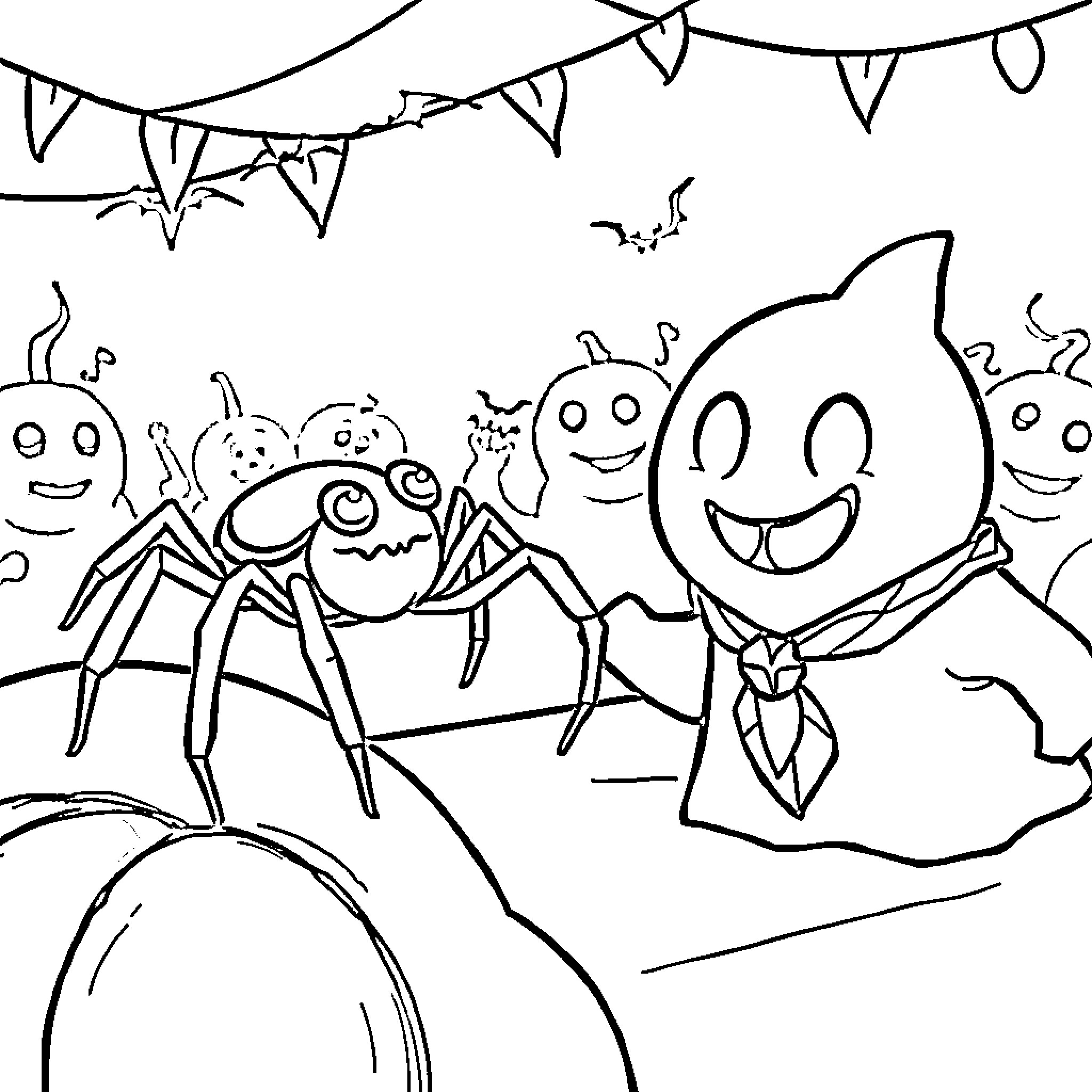 Spider party with friendly characters in the garden Coloring Page (free black-and-white line drawing printable PDF for all, from beginners to advanced learners, including children, teens, adults, and seniors)