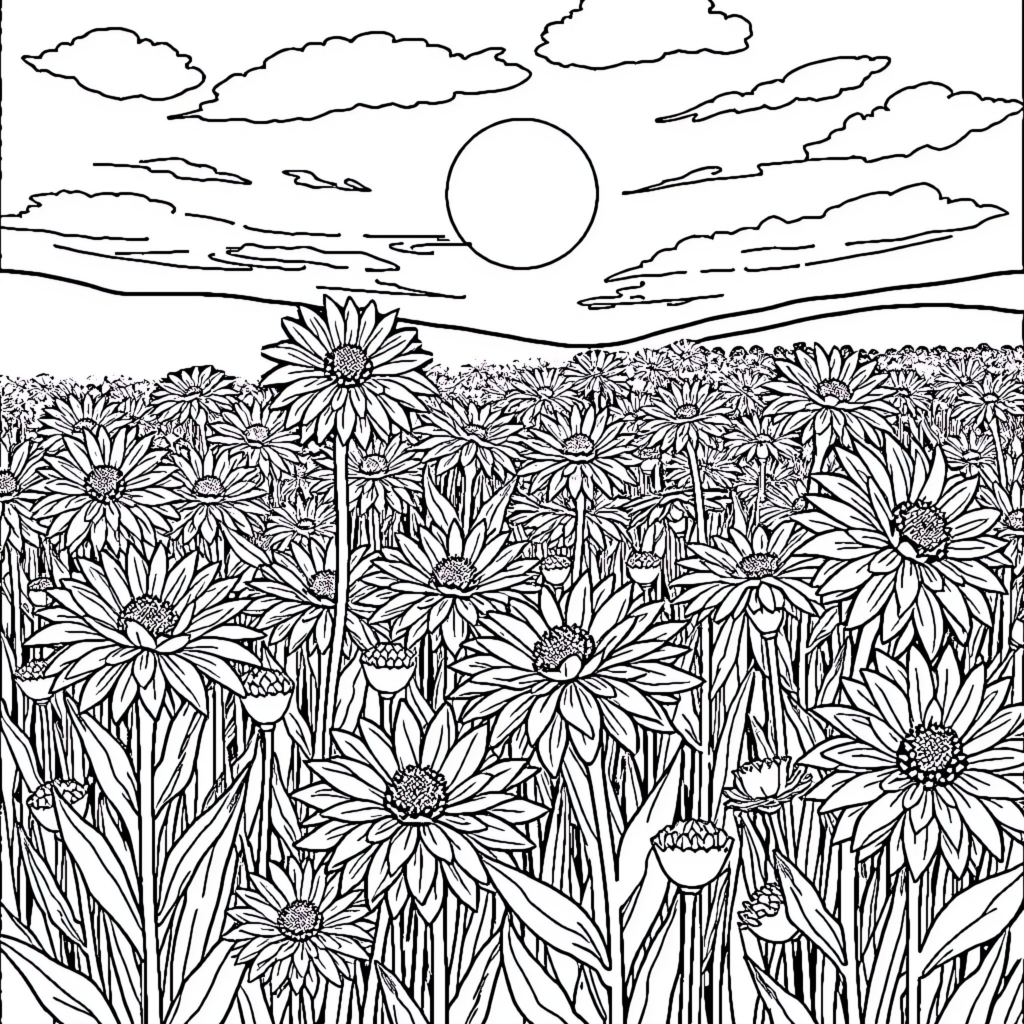 Dahlia Flowers in Vibrant Field under Cloudy Sky Coloring Page (free black-and-white line drawing printable PDF for all, from beginners to advanced learners, including children, teens, adults, and seniors)