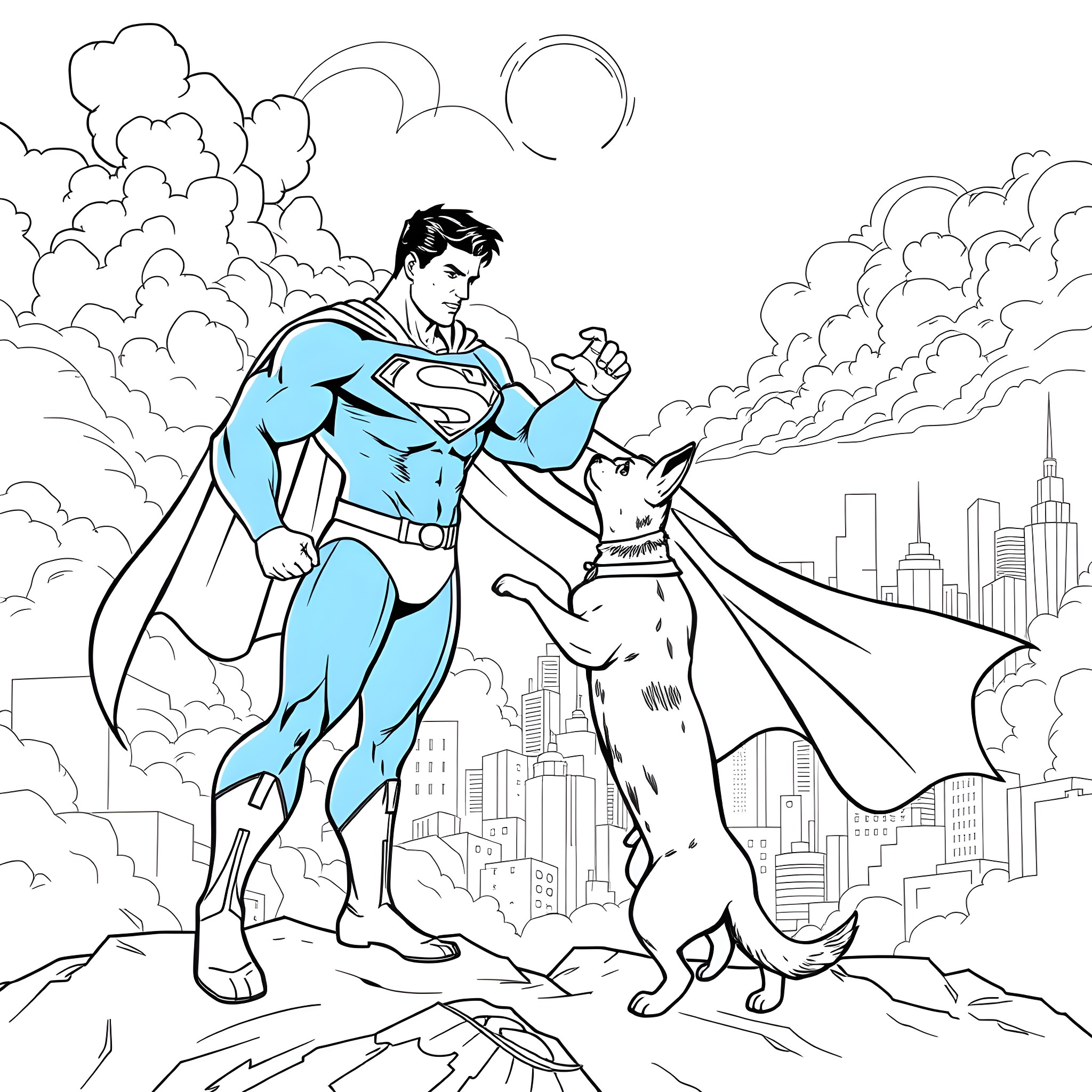 Superman heroically fights alongside a loyal dog Coloring Page (free black-and-white line drawing printable PDF for all, from beginners to advanced learners, including children, teens, adults, and seniors)