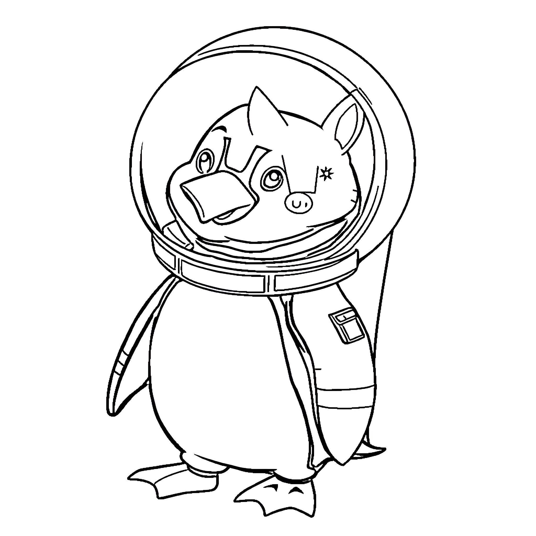 Astronaut penguin in space suit Coloring Page (free black-and-white line drawing printable PDF for all, from beginners to advanced learners, including children, teens, adults, and seniors)