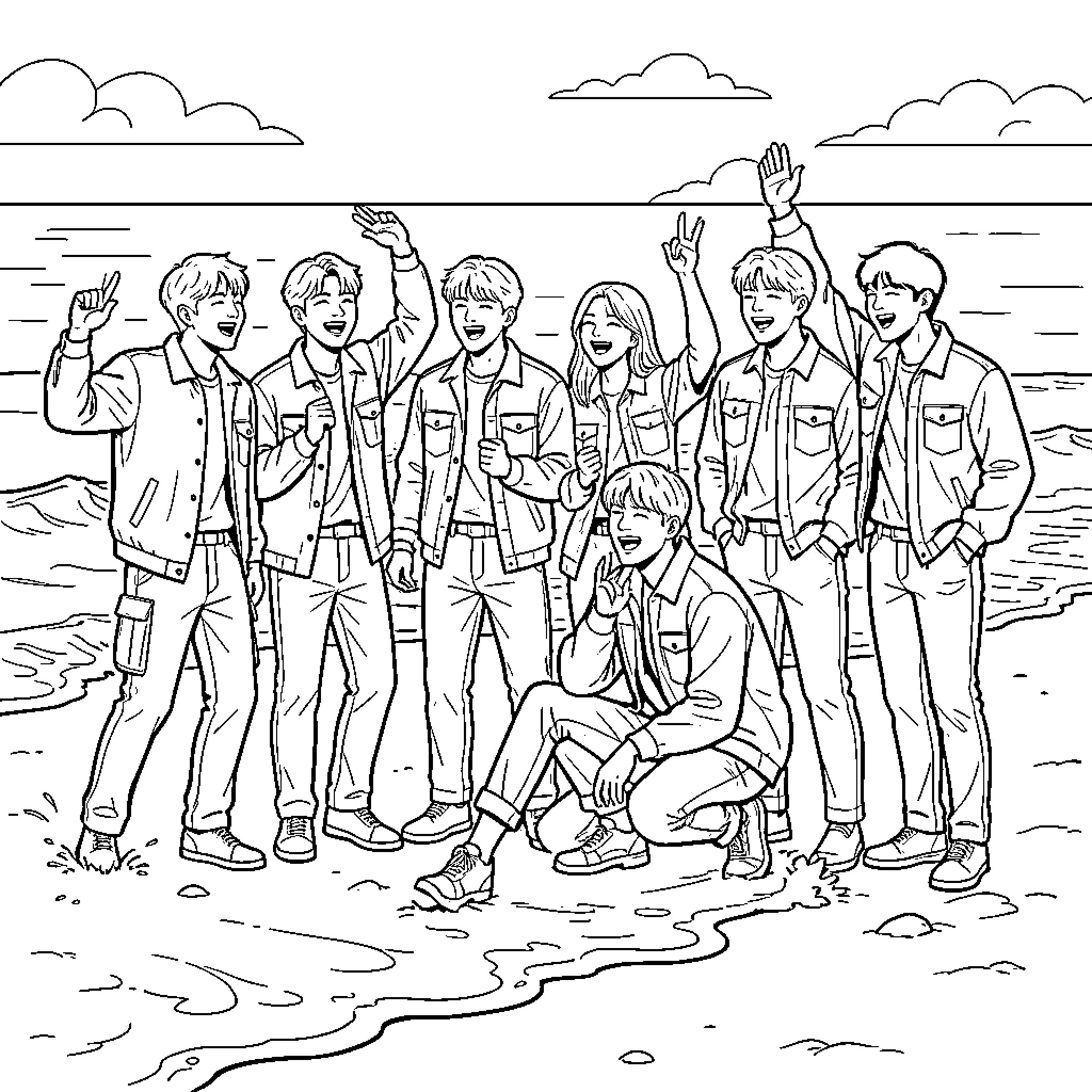 BTS members smiling and waving on a beach Coloring Page (free black-and-white line drawing printable PDF for all, from beginners to advanced learners, including children, teens, adults, and seniors)