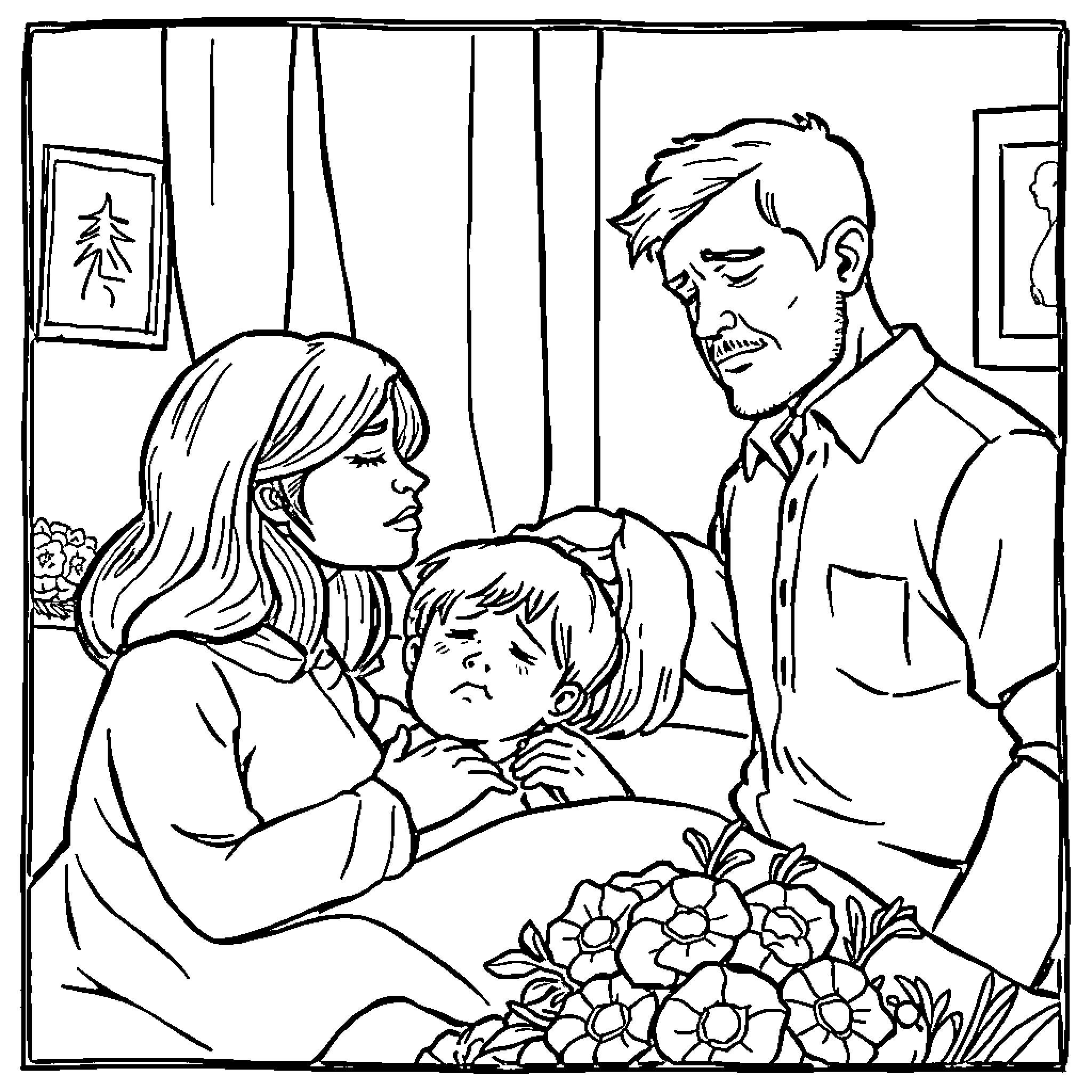 Sister and her family relaxing at home Coloring Page (free black-and-white line drawing printable PDF for all, from beginners to advanced learners, including children, teens, adults, and seniors)