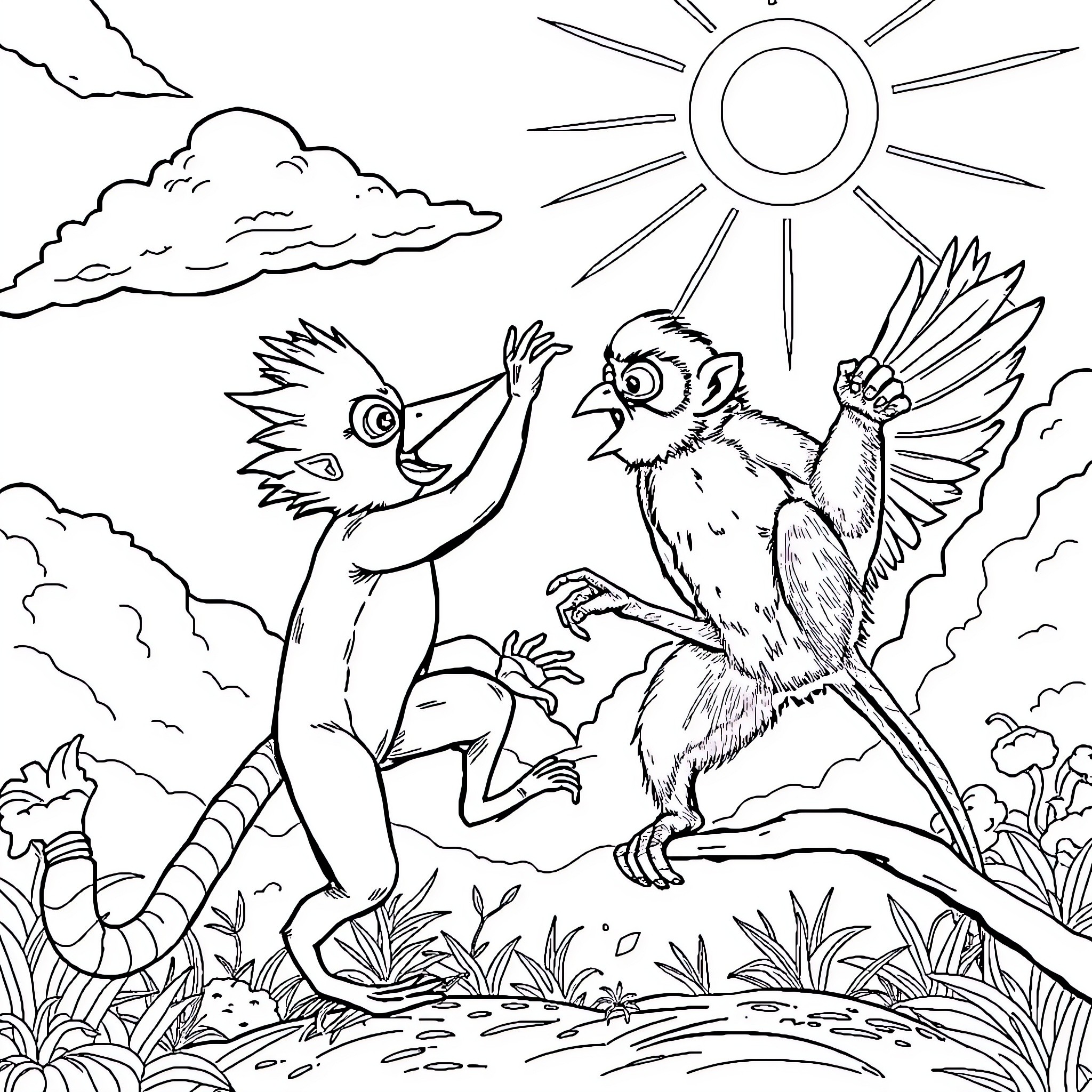 Sprunkin' primates in a lush outdoor scene Coloring Page (free black-and-white line drawing printable PDF for all, from beginners to advanced learners, including children, teens, adults, and seniors)