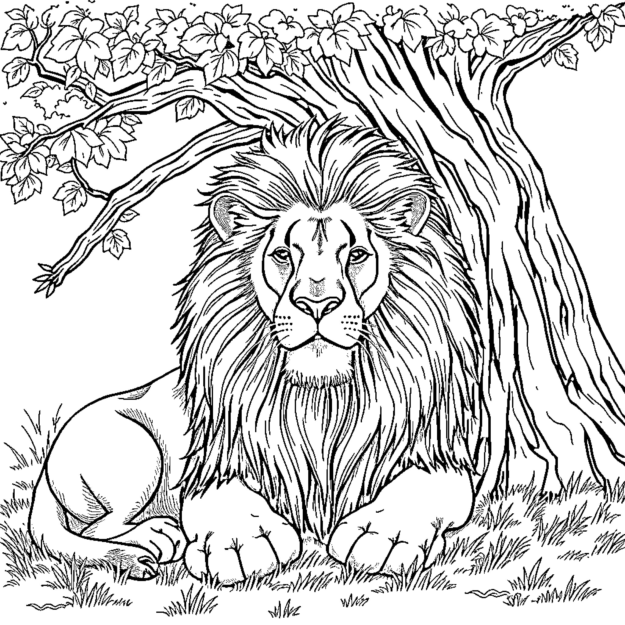 Lion resting under a tree with flowers Coloring Page (free black-and-white line drawing printable PDF for all, from beginners to advanced learners, including children, teens, adults, and seniors)