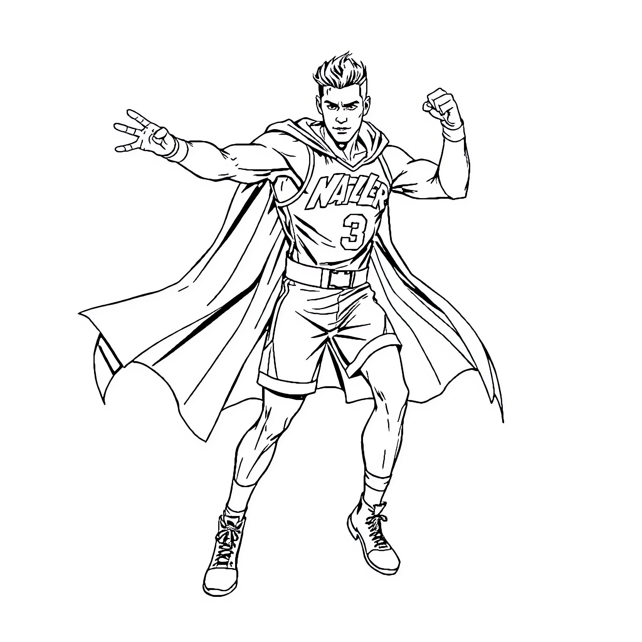 Nikola Jokic as a superhero in action pose Coloring Page (free black-and-white line drawing printable PDF for all, from beginners to advanced learners, including children, teens, adults, and seniors)