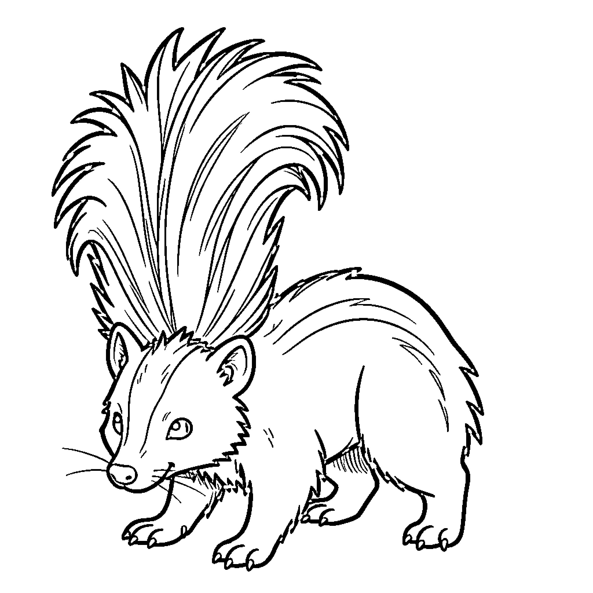 Skunk with Vibrant Fur and Alert Pose Coloring Page (free black-and-white line drawing printable PDF for all, from beginners to advanced learners, including children, teens, adults, and seniors)