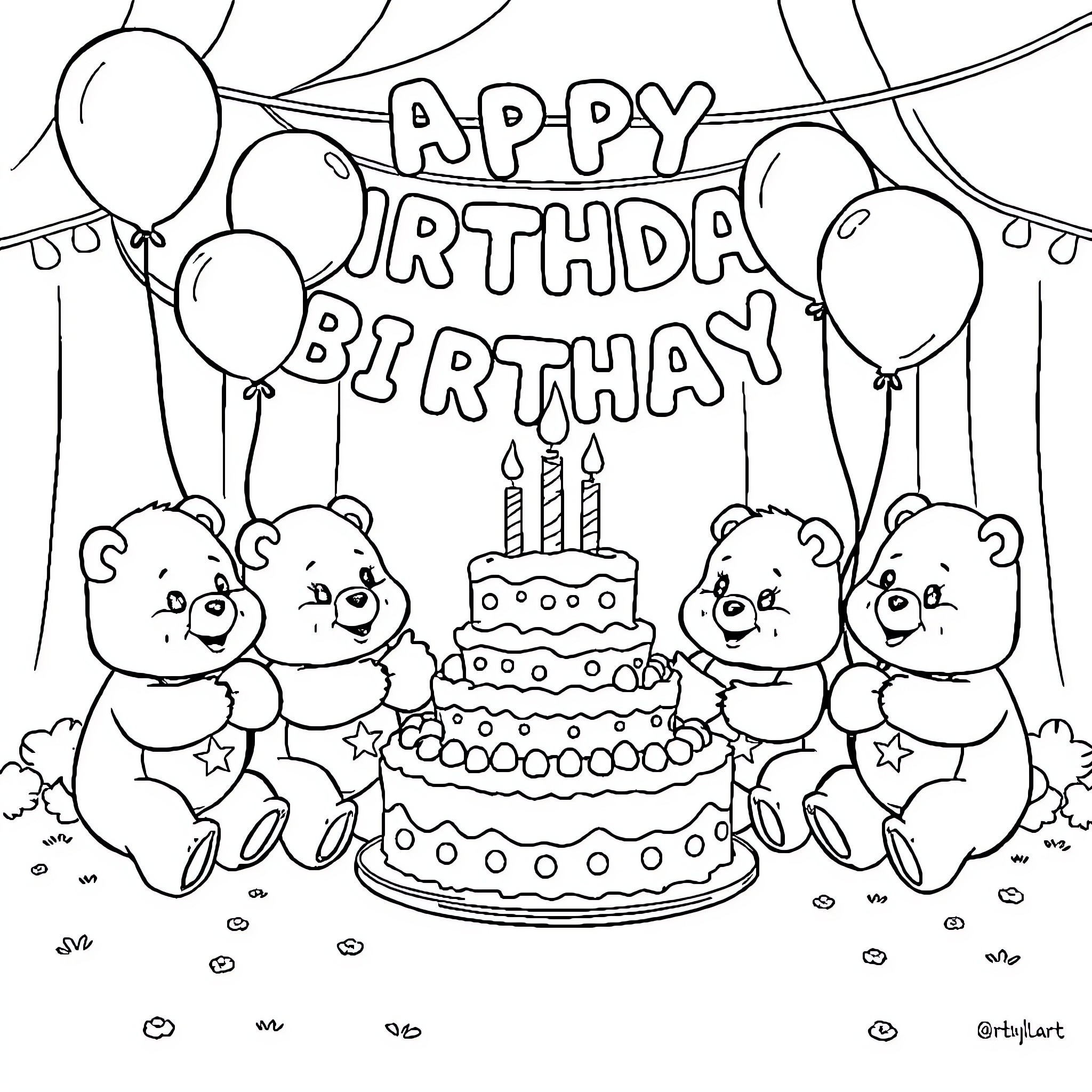 Care Bear Birthday Celebration Coloring Page (free black-and-white line drawing printable PDF for all, from beginners to advanced learners, including children, teens, adults, and seniors)
