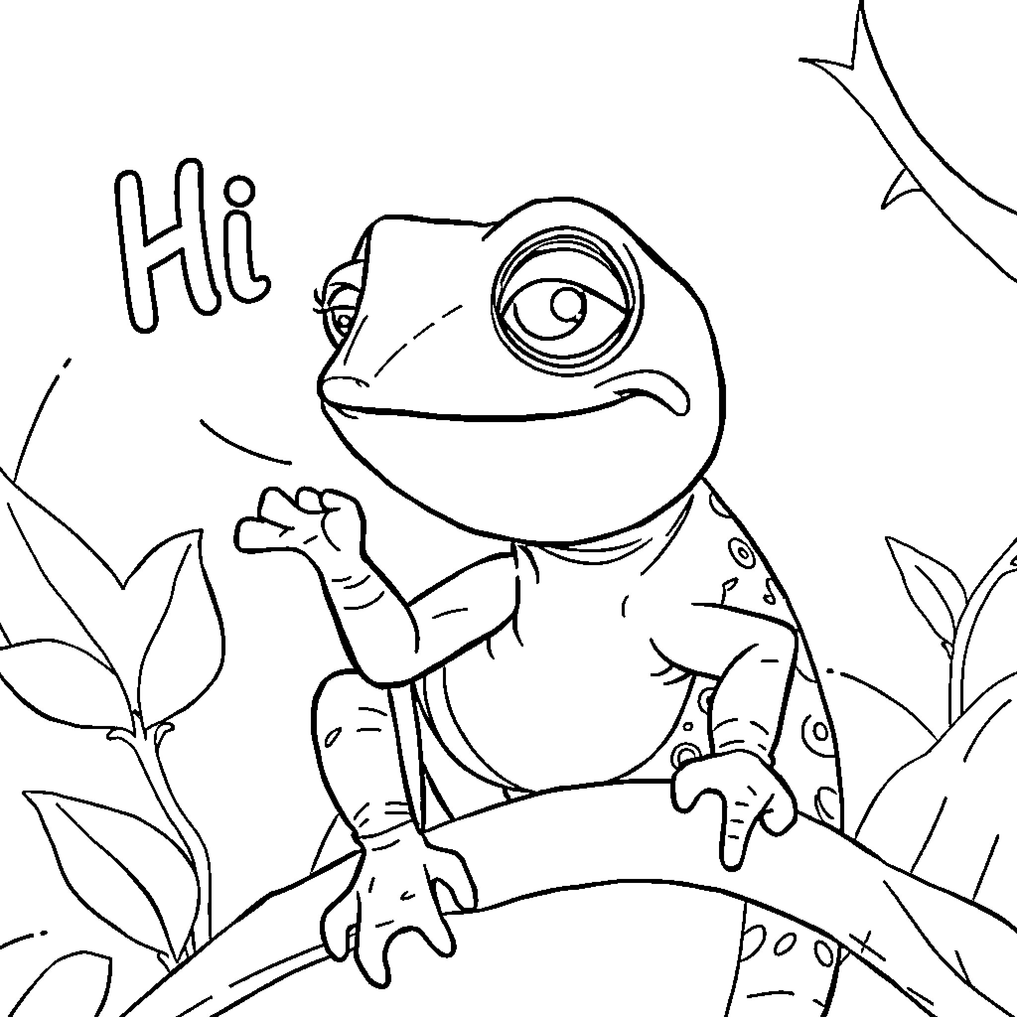 Pascal the Frog Saying Hi Coloring Page (free black-and-white line drawing printable PDF for all, from beginners to advanced learners, including children, teens, adults, and seniors)