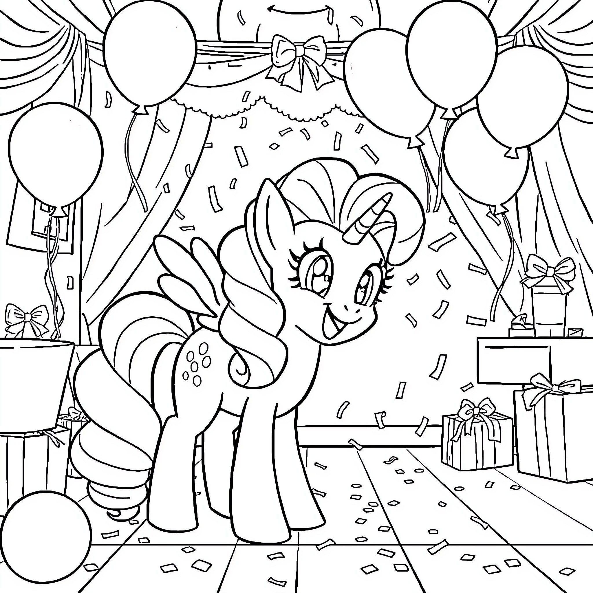 Pinkie Pie celebrating a party with balloons and gifts Coloring Page (free black-and-white line drawing printable PDF for all, from beginners to advanced learners, including children, teens, adults, and seniors)