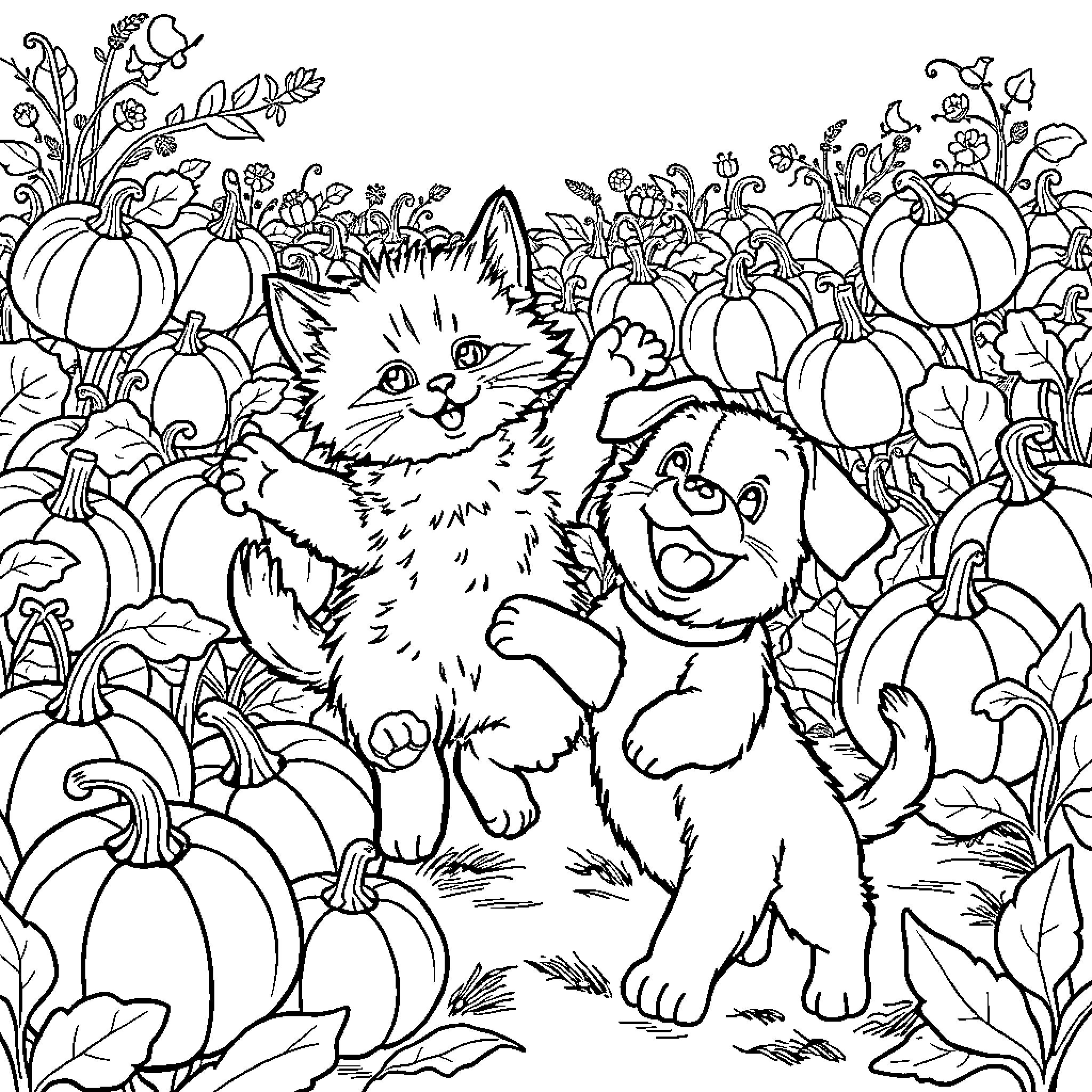 Kitten playing with puppy in autumn nature Coloring Page (free black-and-white line drawing printable PDF for all, from beginners to advanced learners, including children, teens, adults, and seniors)
