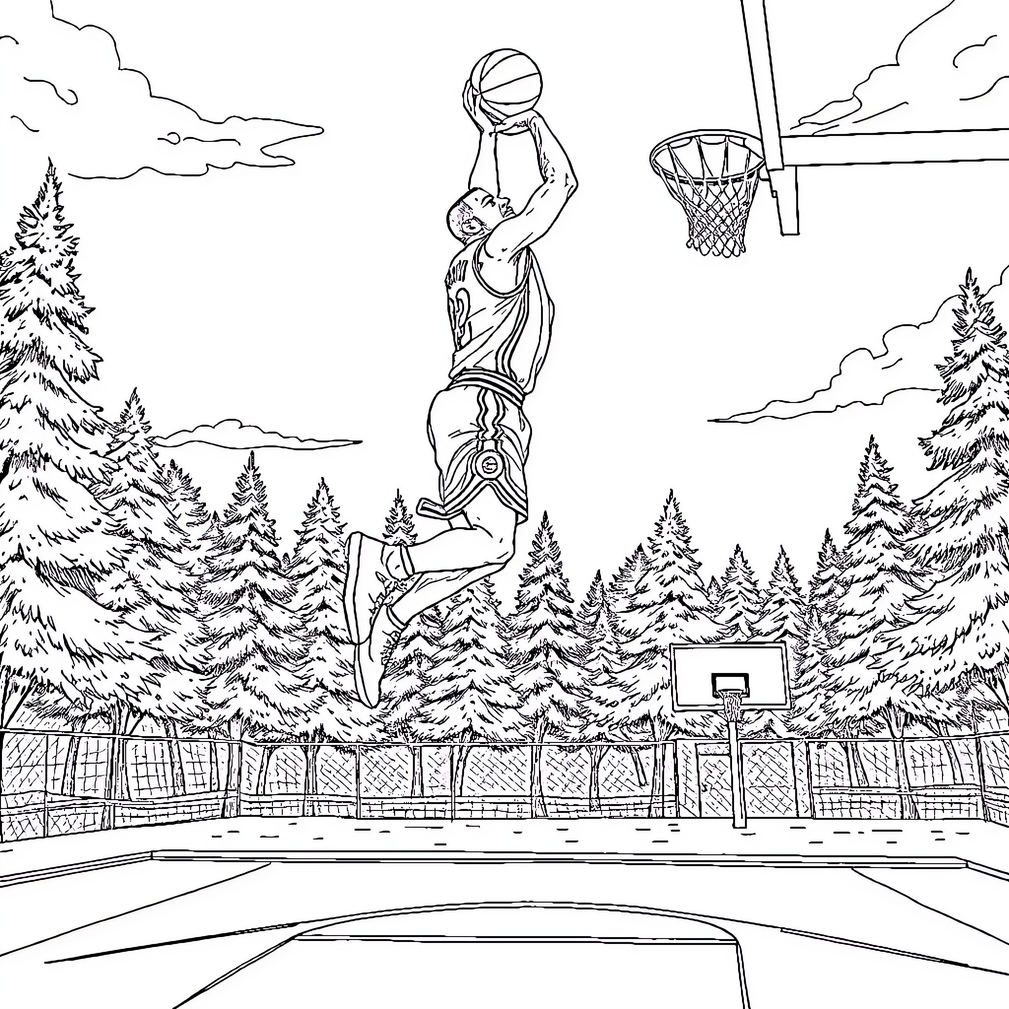 Michael Jordan dunking on an outdoor basketball court Coloring Page (free black-and-white line drawing printable PDF for all, from beginners to advanced learners, including children, teens, adults, and seniors)