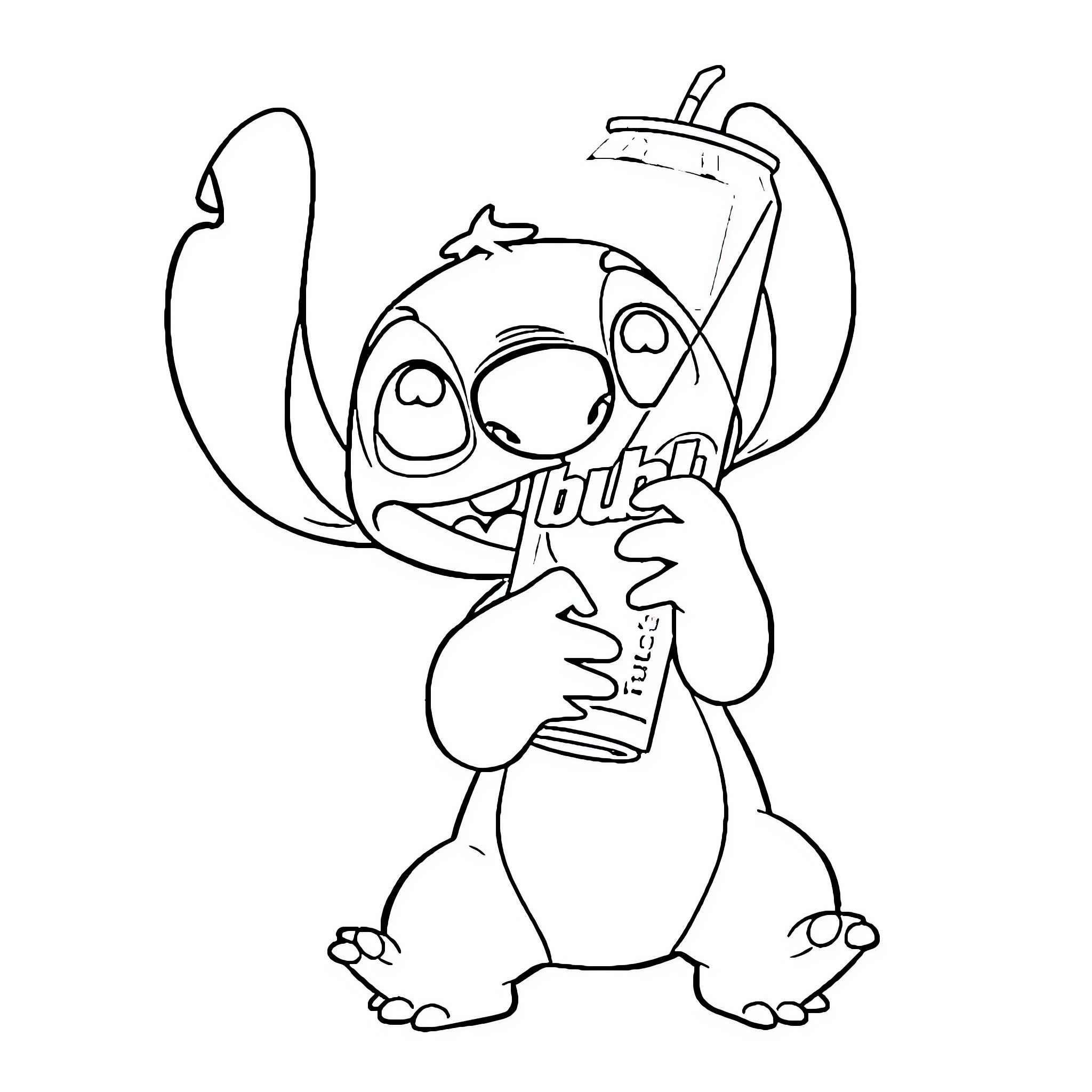 Stitch making a silly face with a soda can Coloring Page (free black-and-white line drawing printable PDF for all, from beginners to advanced learners, including children, teens, adults, and seniors)