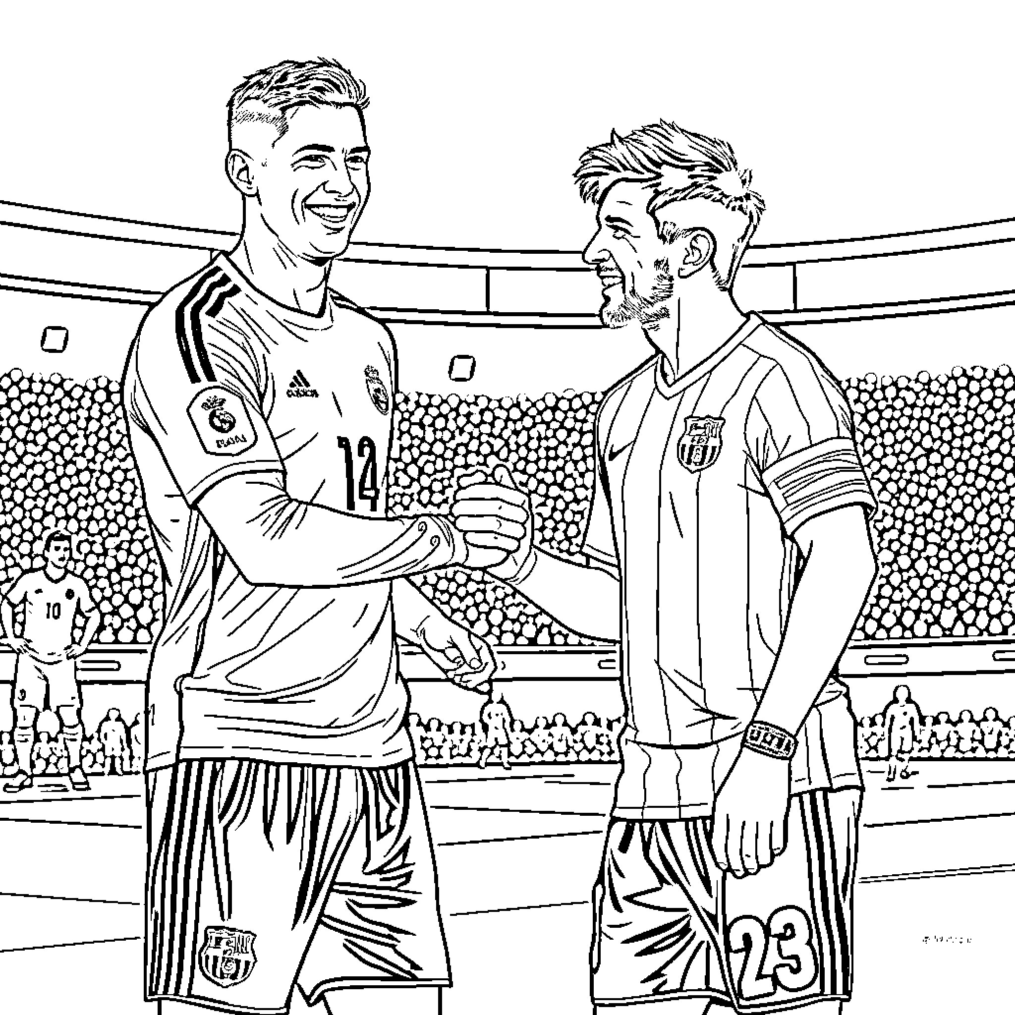 Cristiano Ronaldo and Lionel Messi Shaking Hands on Football Field Coloring Page (free black-and-white line drawing printable PDF for all, from beginners to advanced learners, including children, teens, adults, and seniors)