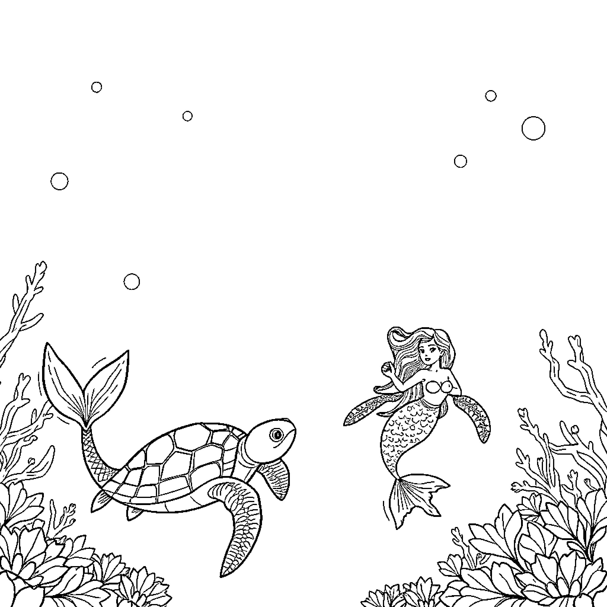 Mermaid swimming with sea turtle in underwater scene Coloring Page (free black-and-white line drawing printable PDF for all, from beginners to advanced learners, including children, teens, adults, and seniors)