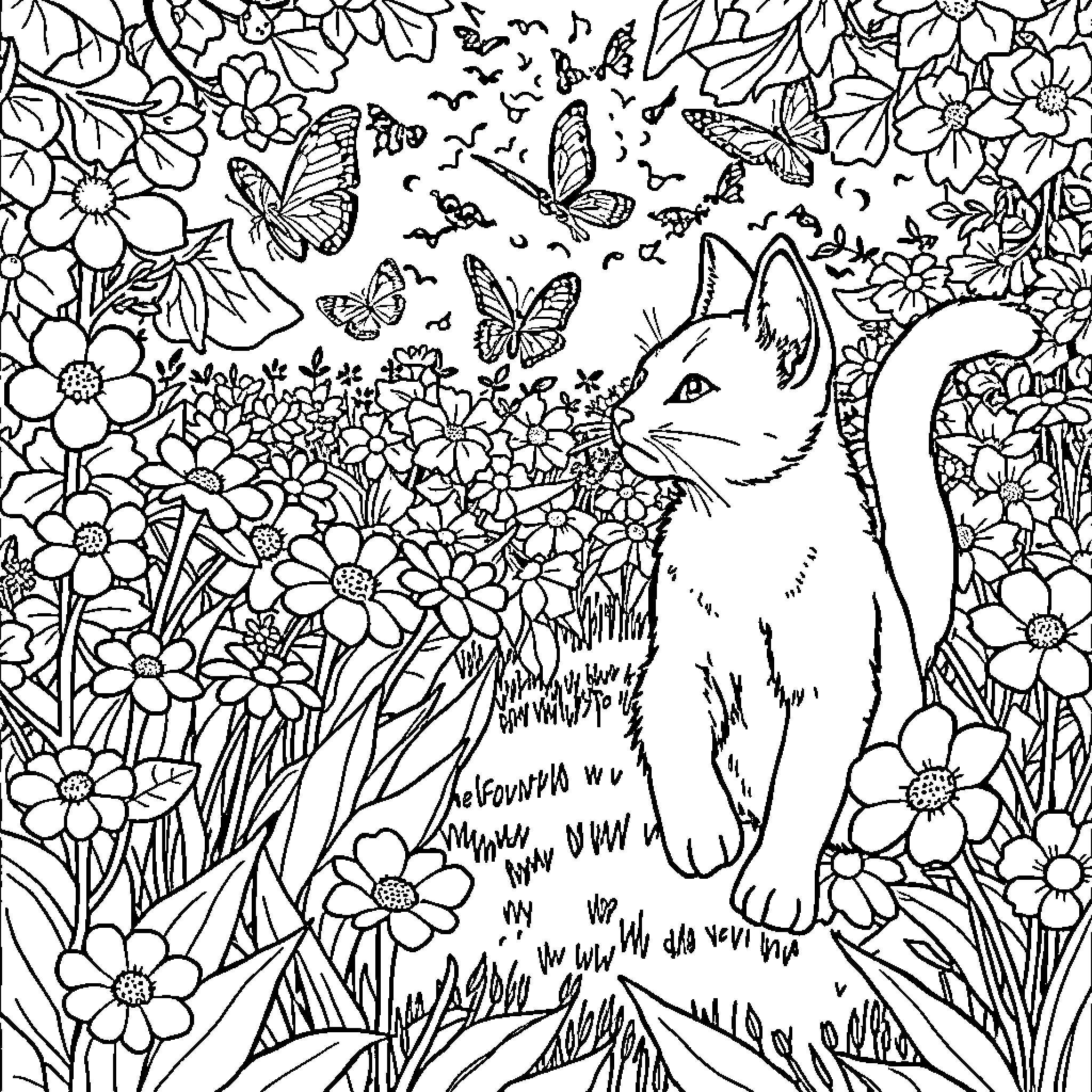 Cat in a Floral Garden Coloring Page (free black-and-white line drawing printable PDF for all, from beginners to advanced learners, including children, teens, adults, and seniors)