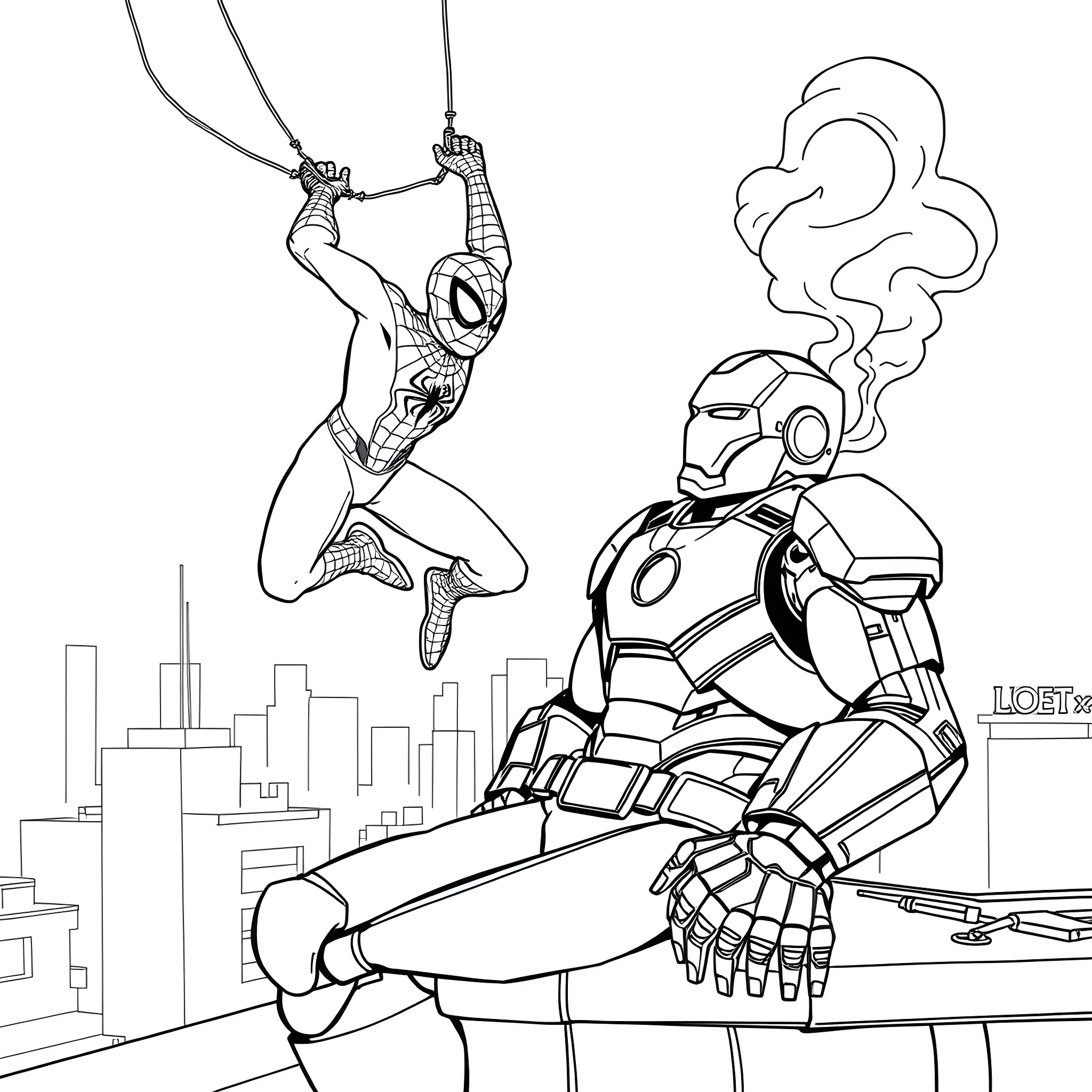 Spider-Man swinging through the city as Iron Man watches Coloring Page (free black-and-white line drawing printable PDF for all, from beginners to advanced learners, including children, teens, adults, and seniors)