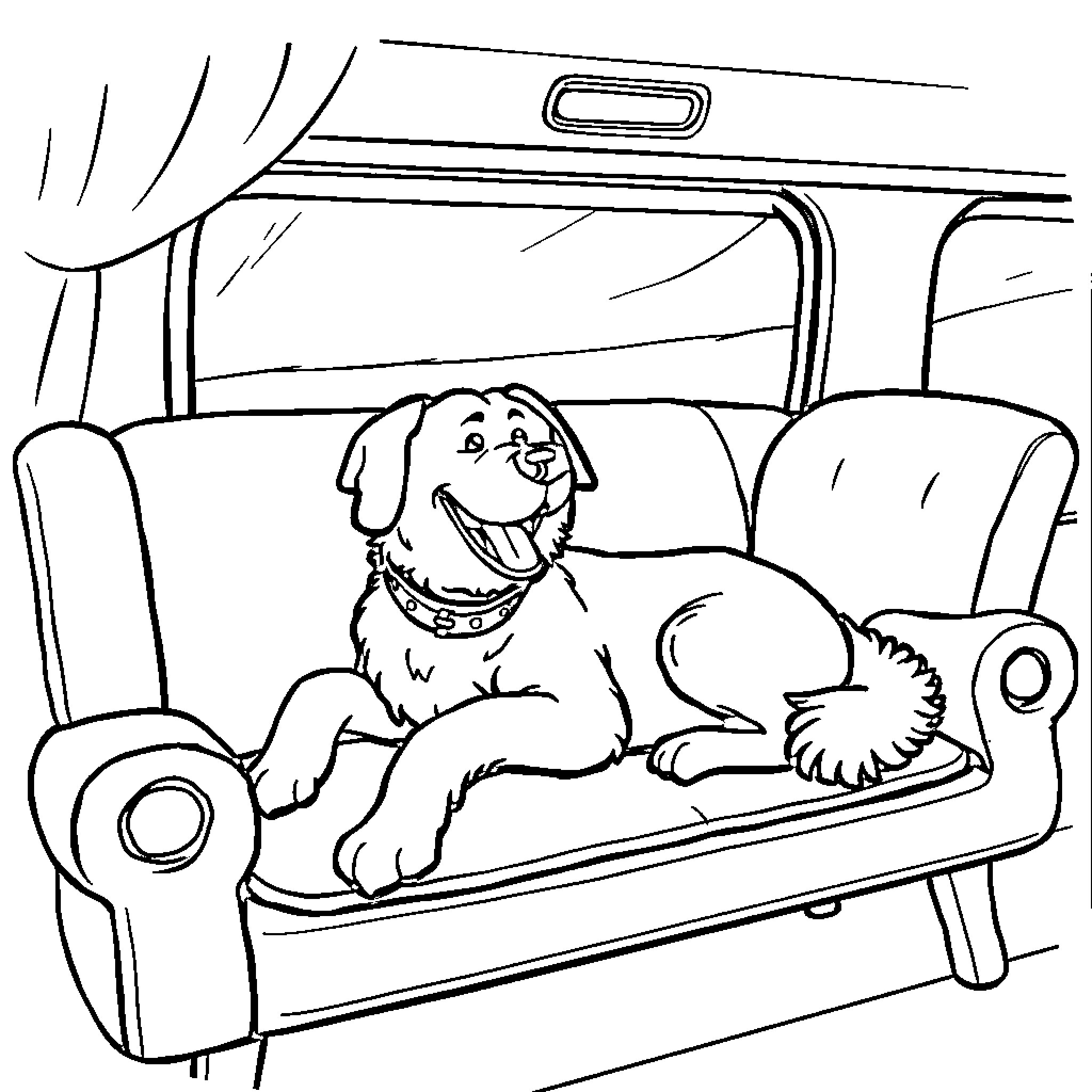 Dog relaxing on couch in car interior Coloring Page (free black-and-white line drawing printable PDF for all, from beginners to advanced learners, including children, teens, adults, and seniors)