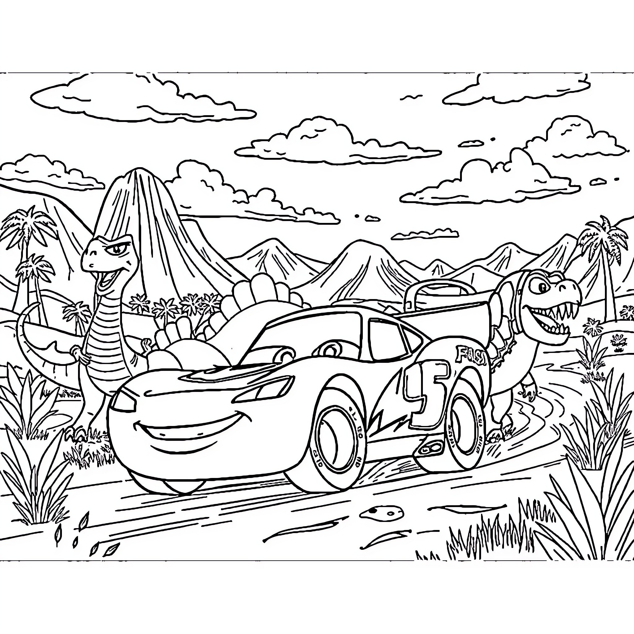 Flash McQueen's Prehistoric Adventure Coloring Page (free black-and-white line drawing printable PDF for all, from beginners to advanced learners, including children, teens, adults, and seniors)