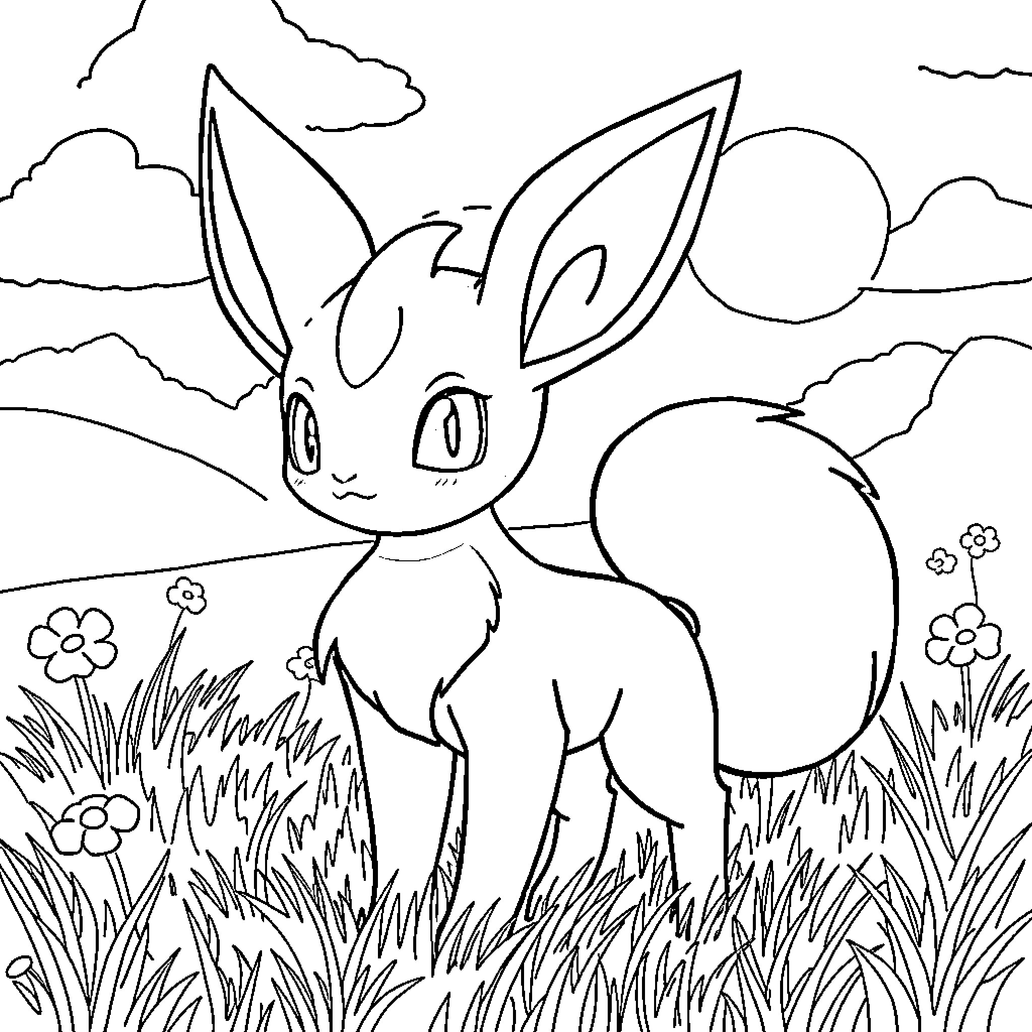 Espeon enjoying a sunny day in nature Coloring Page (free black-and-white line drawing printable PDF for all, from beginners to advanced learners, including children, teens, adults, and seniors)