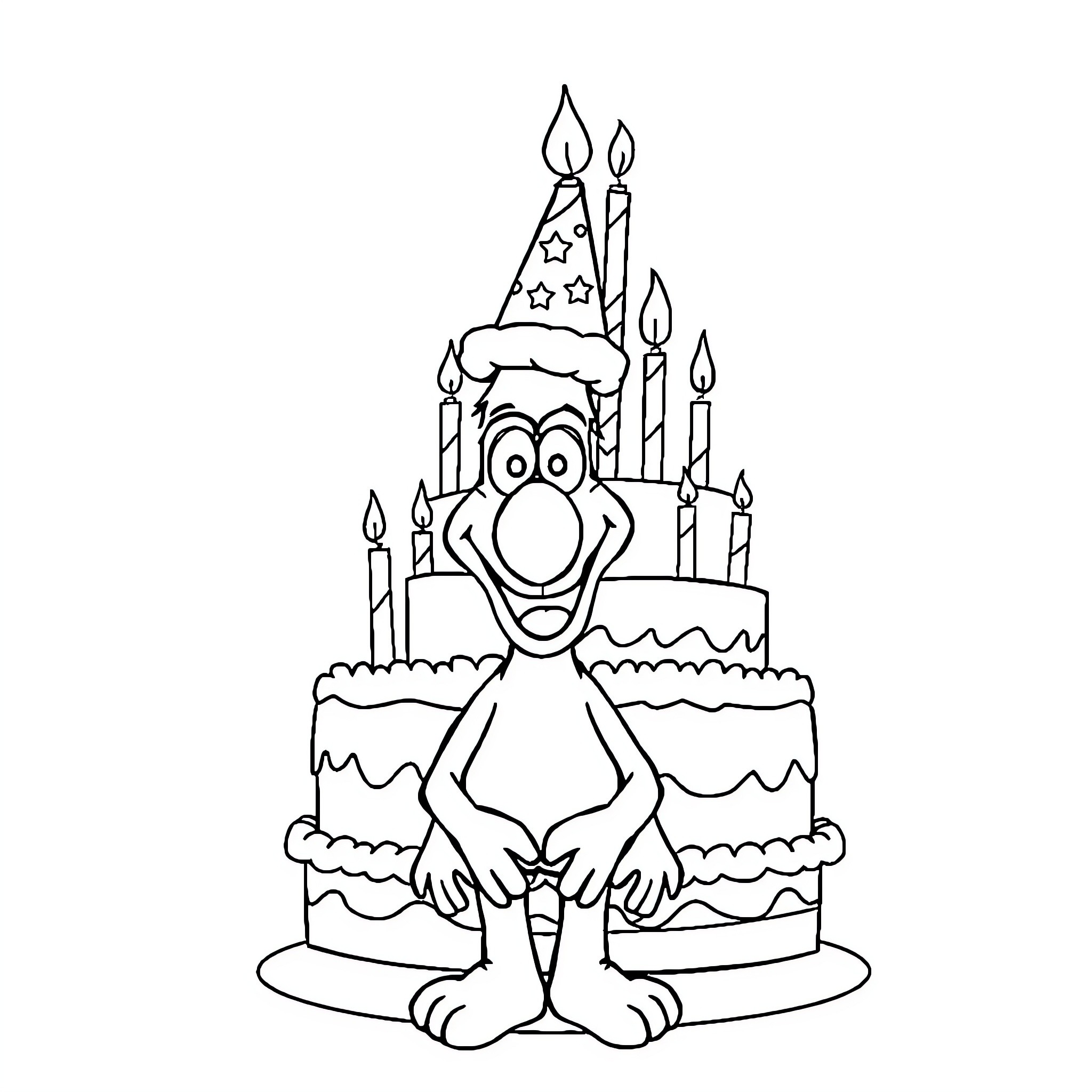 Alf celebrating with a birthday cake and candles Coloring Page (free black-and-white line drawing printable PDF for all, from beginners to advanced learners, including children, teens, adults, and seniors)