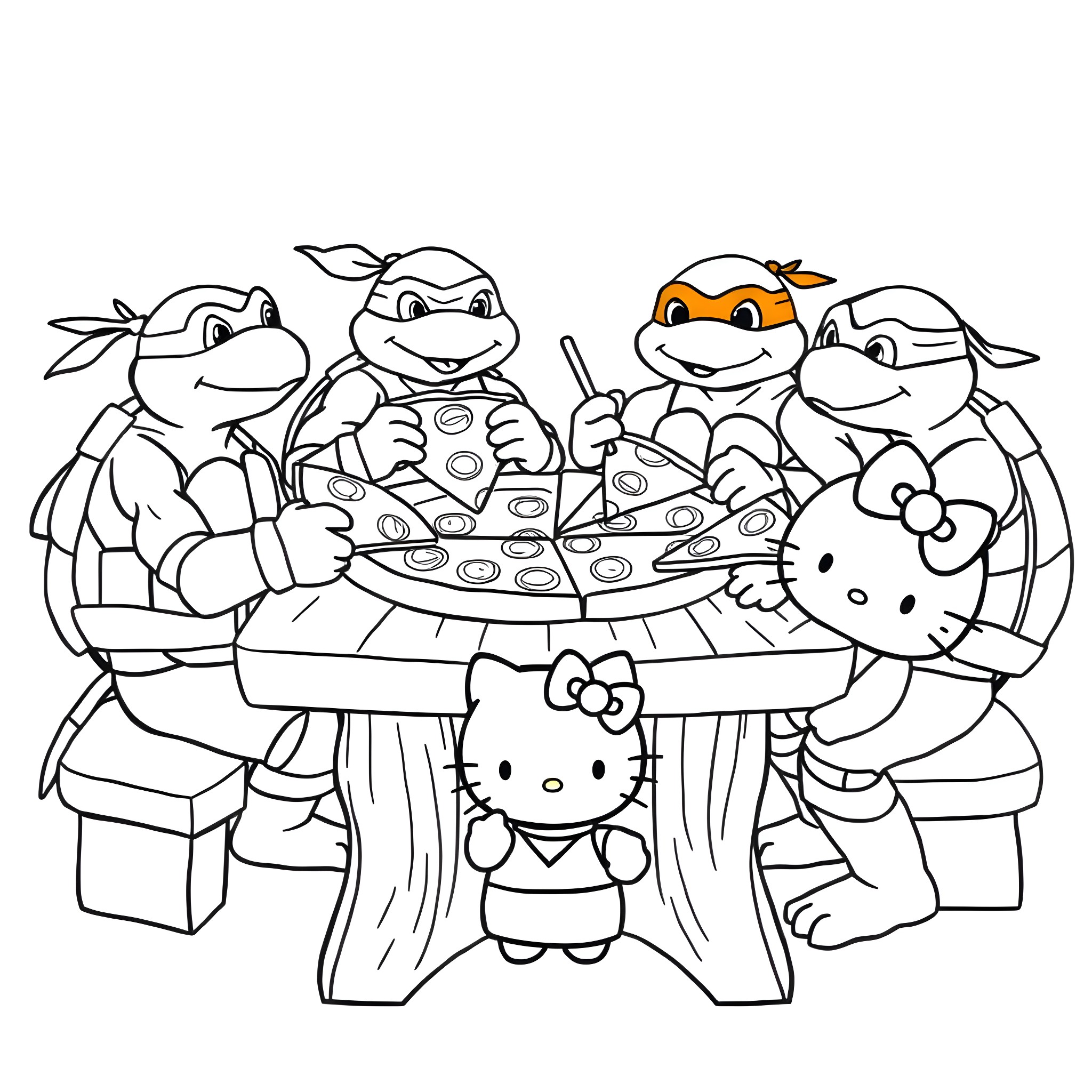 Ninja Turtles enjoying a pizza party with Hello Kitty Coloring Page (free black-and-white line drawing printable PDF for all, from beginners to advanced learners, including children, teens, adults, and seniors)