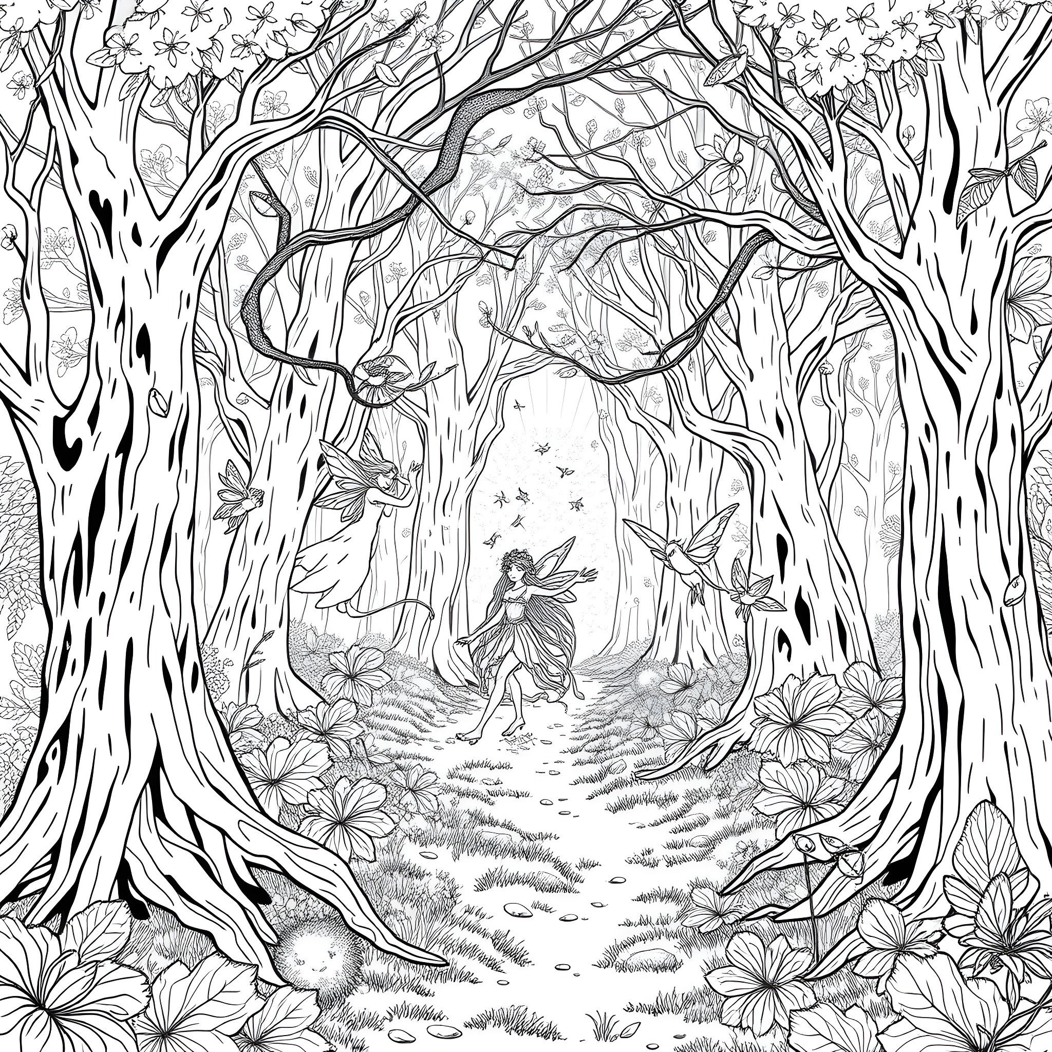 Dryad in the Enchanted Forest Coloring Page (free black-and-white line drawing printable PDF for all, from beginners to advanced learners, including children, teens, adults, and seniors)