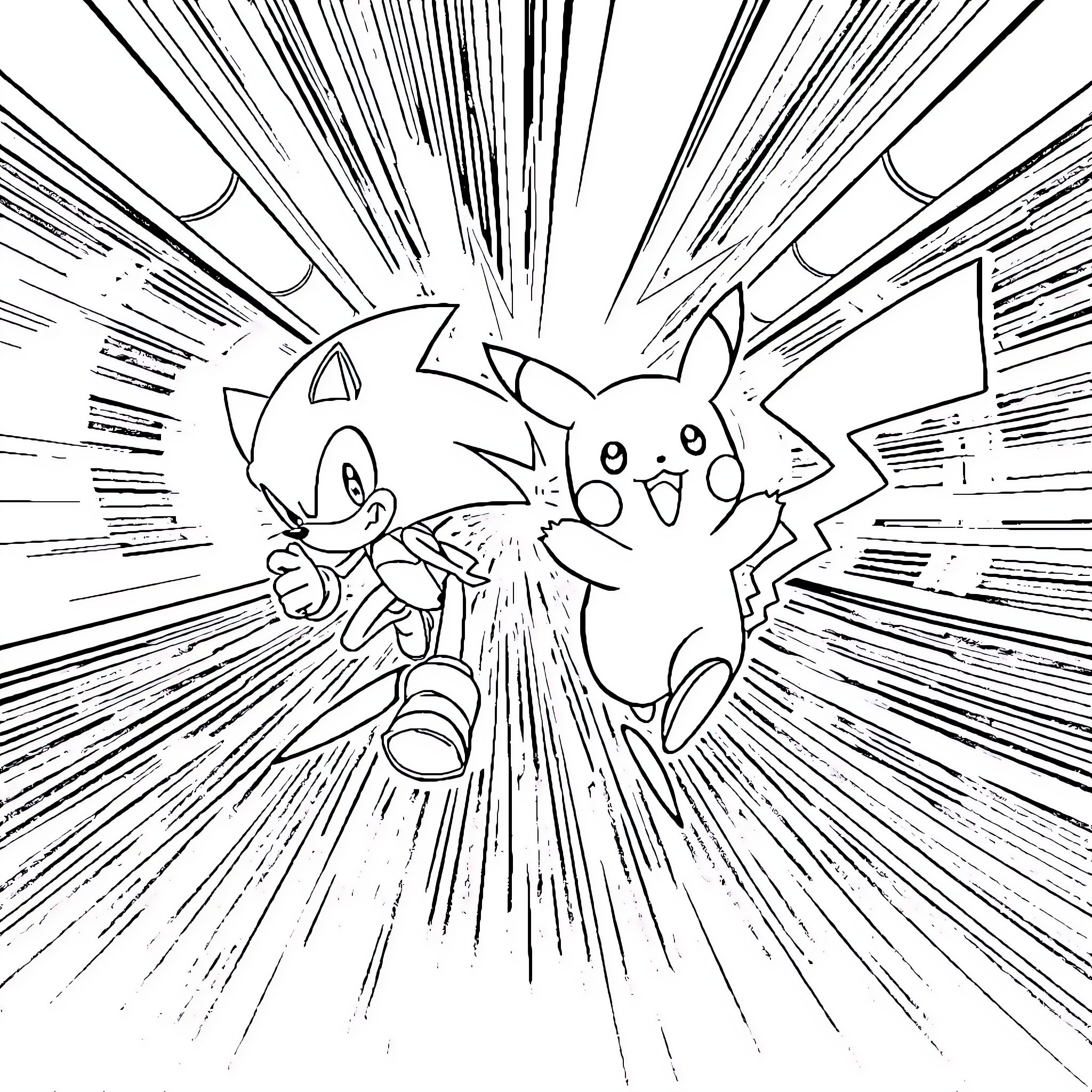 Pikachu and Sonic engaged in a dynamic encounter Coloring Page (free black-and-white line drawing printable PDF for all, from beginners to advanced learners, including children, teens, adults, and seniors)