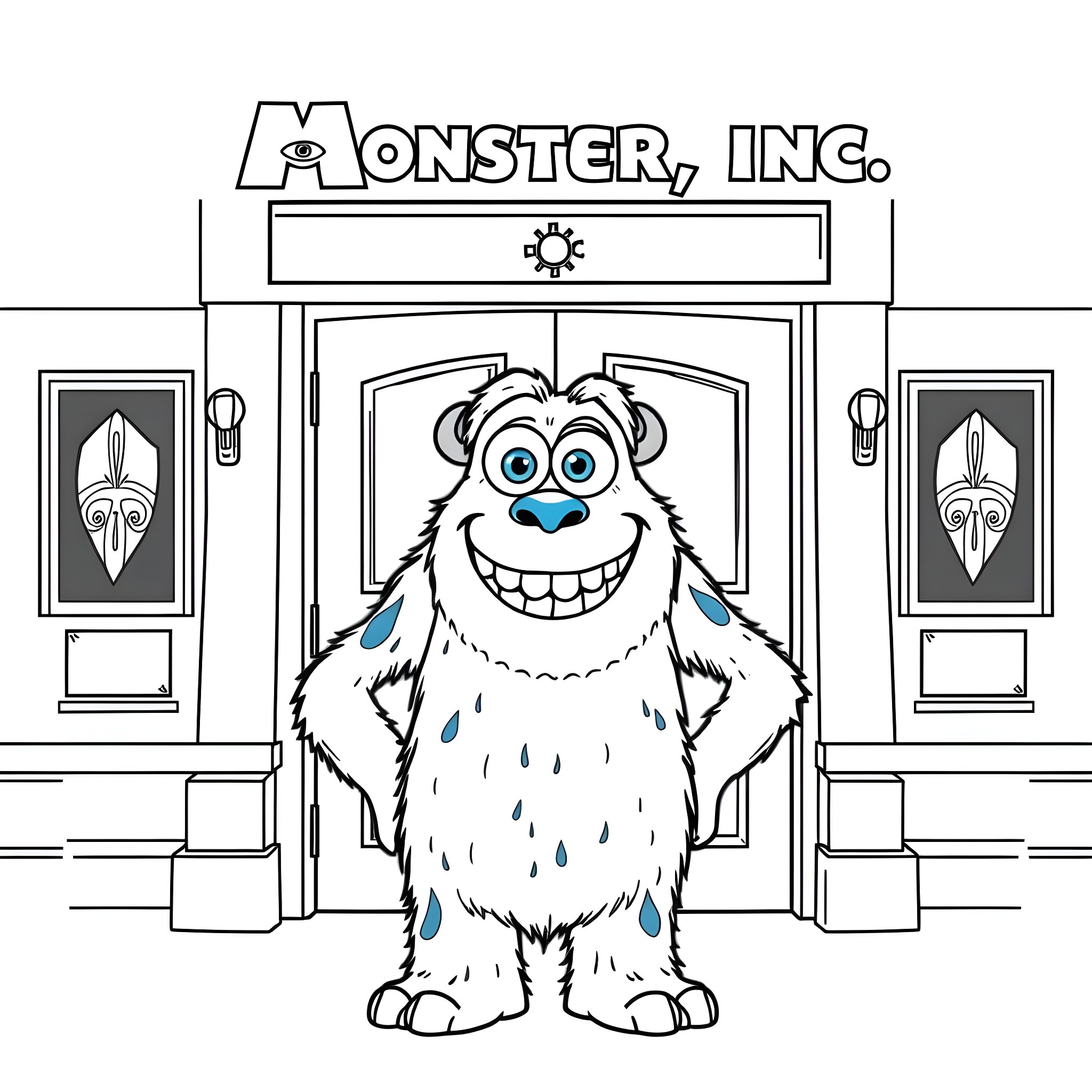 Sulley standing happily outside Monster, Inc. building Coloring Page (free black-and-white line drawing printable PDF for all, from beginners to advanced learners, including children, teens, adults, and seniors)