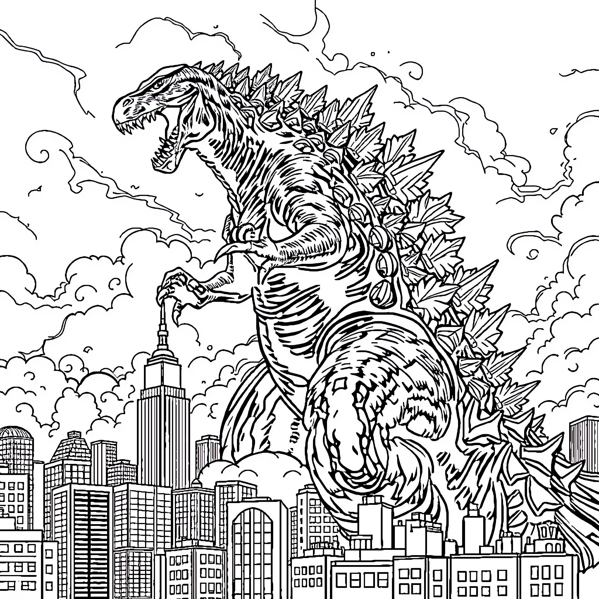Godzilla rampaging through the city skyline Coloring Page (free black-and-white line drawing printable PDF for all, from beginners to advanced learners, including children, teens, adults, and seniors)