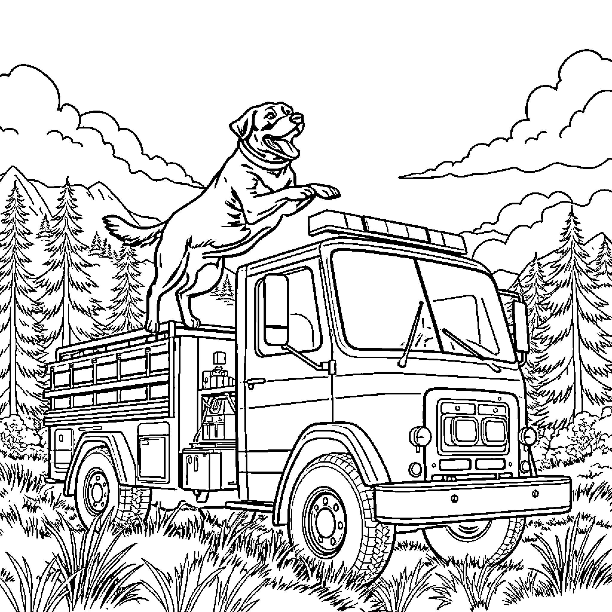Dog riding on a rugged truck in the wilderness Coloring Page (free black-and-white line drawing printable PDF for all, from beginners to advanced learners, including children, teens, adults, and seniors)