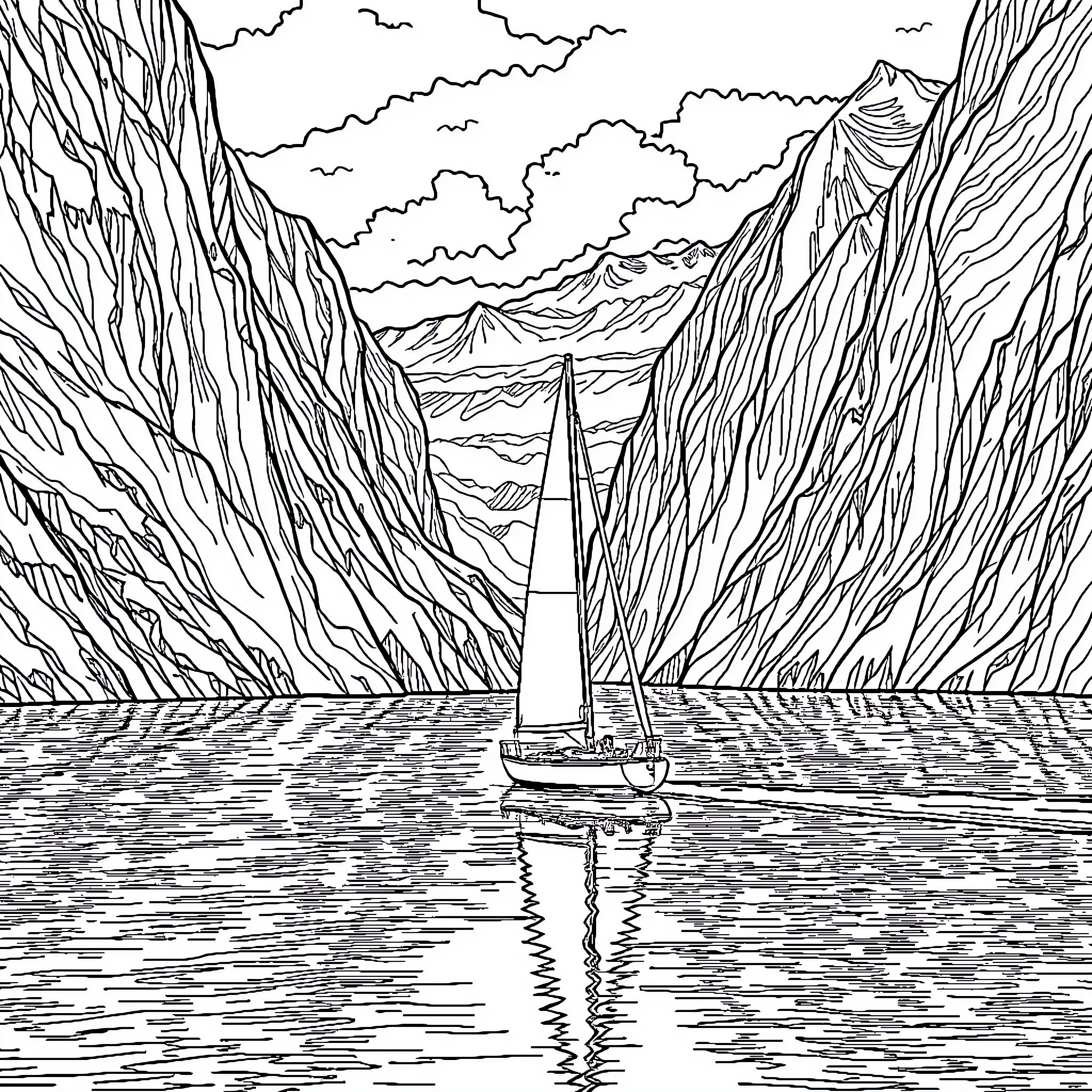 Sailboat sailing on serene lake between rocky mountains Coloring Page (free black-and-white line drawing printable PDF for all, from beginners to advanced learners, including children, teens, adults, and seniors)