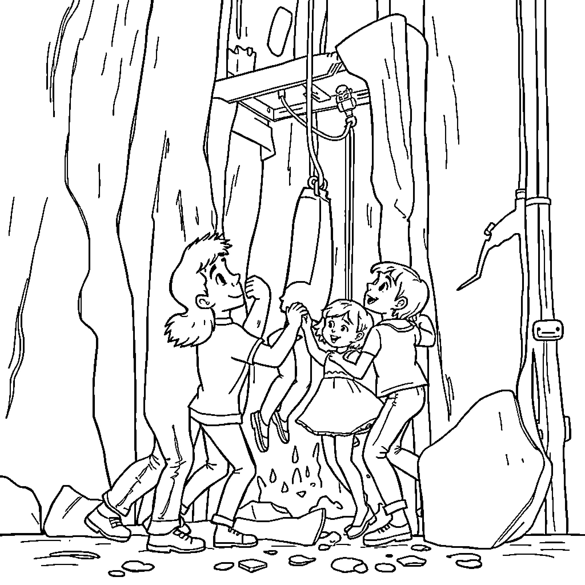 Family playing in the rain under a shelter Coloring Page (free black-and-white line drawing printable PDF for all, from beginners to advanced learners, including children, teens, adults, and seniors)