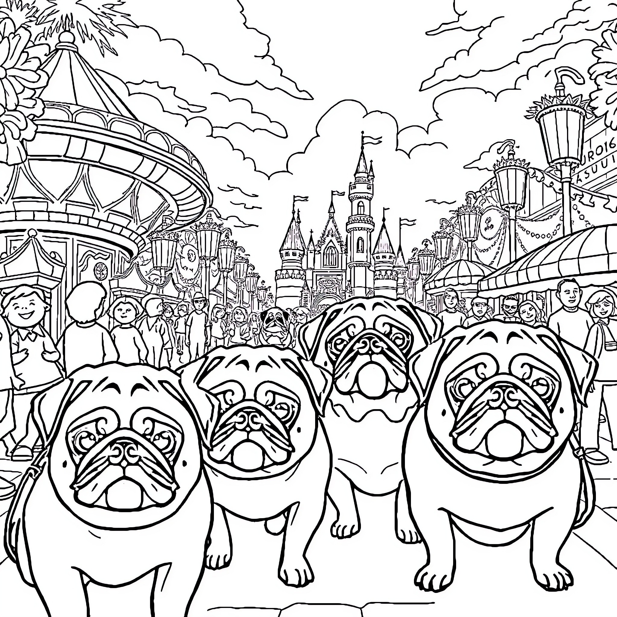 Pugs exploring a magical fantasy theme park Coloring Page (free black-and-white line drawing printable PDF for all, from beginners to advanced learners, including children, teens, adults, and seniors)