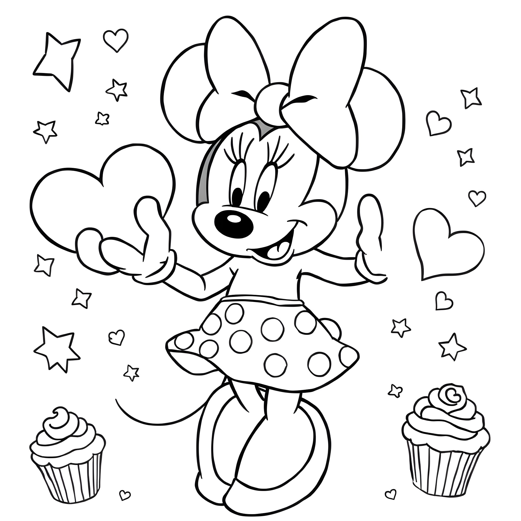 Minnie Mouse posing cheerfully with cupcakes and stars Coloring Page (free black-and-white line drawing printable PDF for all, from beginners to advanced learners, including children, teens, adults, and seniors)