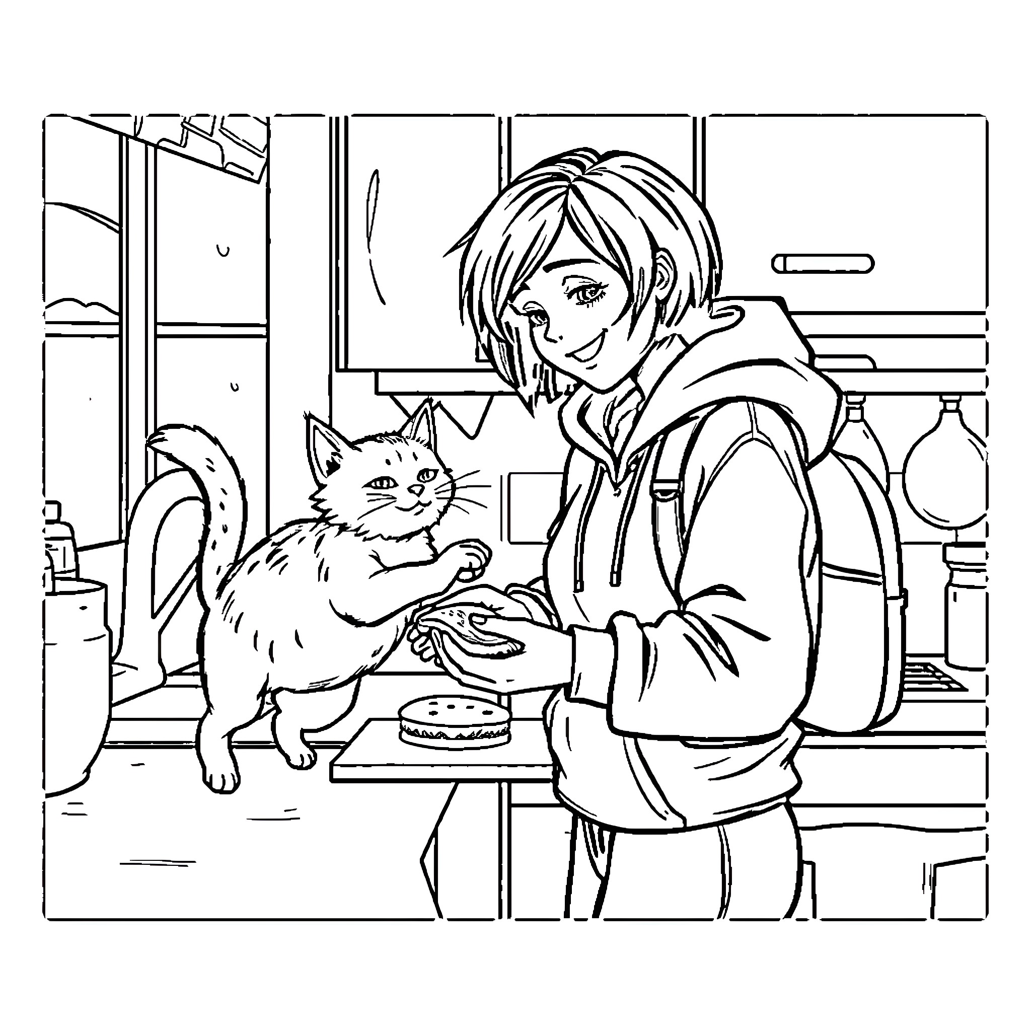 Lady sharing a snack with her cat in the kitchen Coloring Page (free black-and-white line drawing printable PDF for all, from beginners to advanced learners, including children, teens, adults, and seniors)