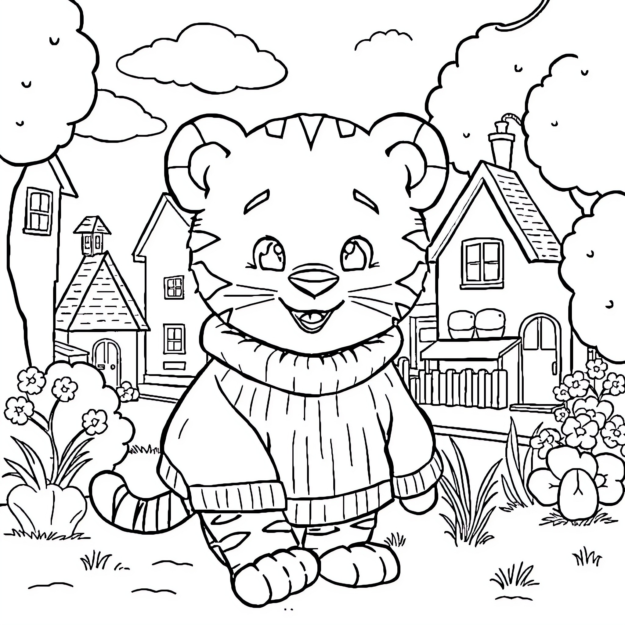 Daniel Tiger exploring a neighborhood scene Coloring Page (free black-and-white line drawing printable PDF for all, from beginners to advanced learners, including children, teens, adults, and seniors)