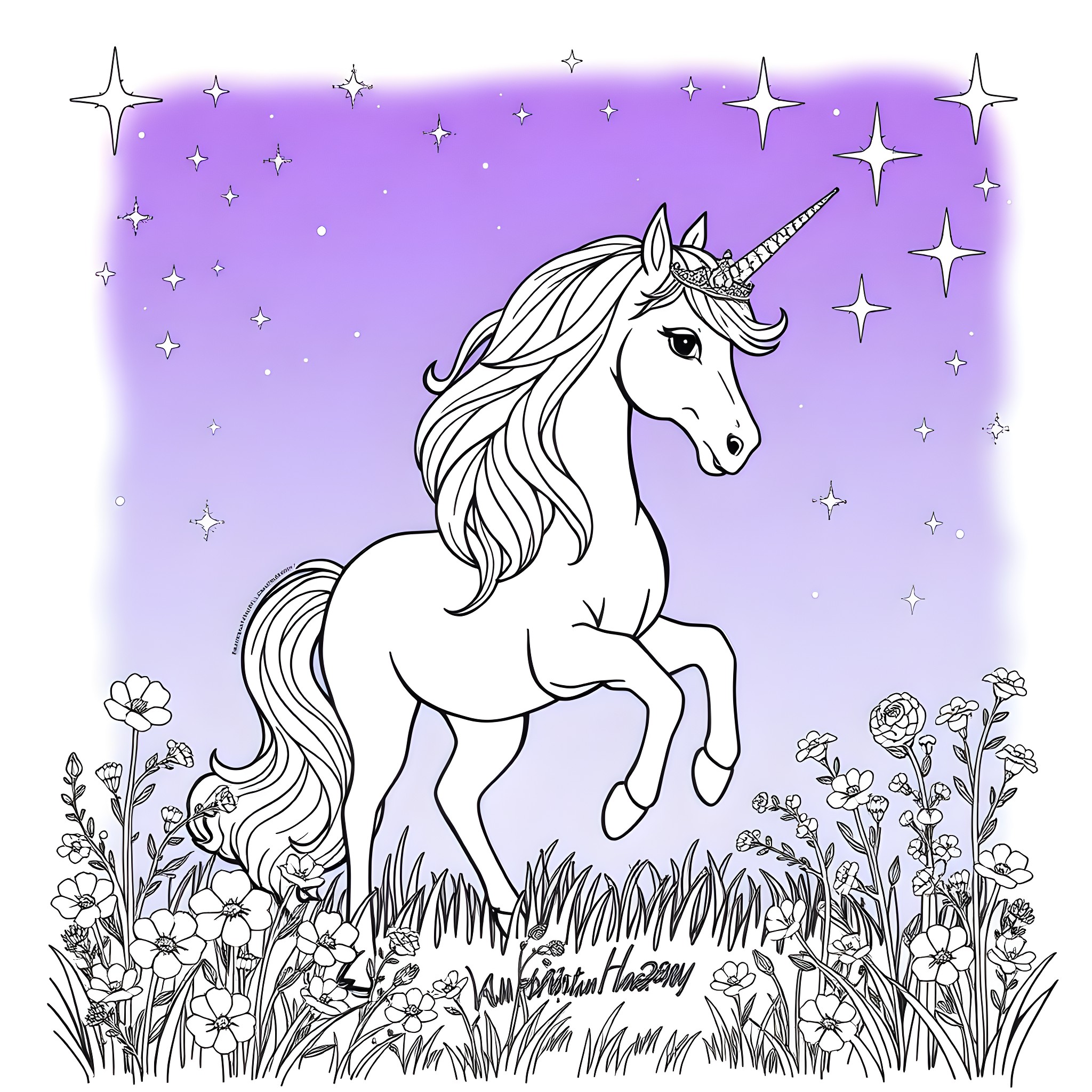 Unicorn galloping through a magical meadow Coloring Page (free black-and-white line drawing printable PDF for all, from beginners to advanced learners, including children, teens, adults, and seniors)