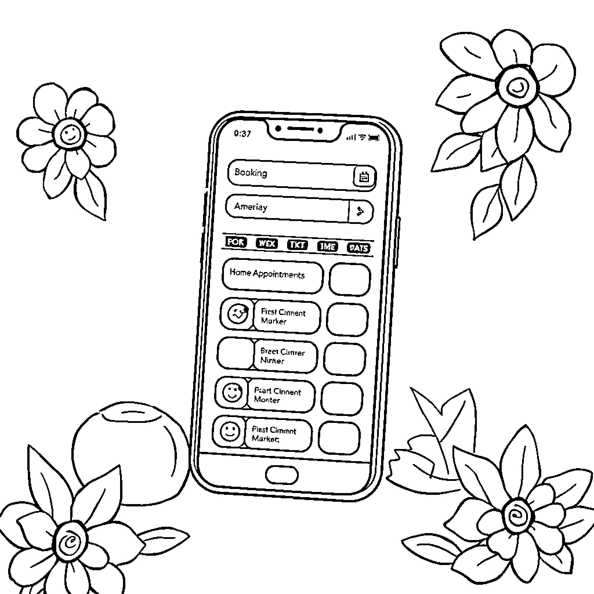 Book of Mobile Phone Features and Flowers Coloring Page (free black-and-white line drawing printable PDF for all, from beginners to advanced learners, including children, teens, adults, and seniors)