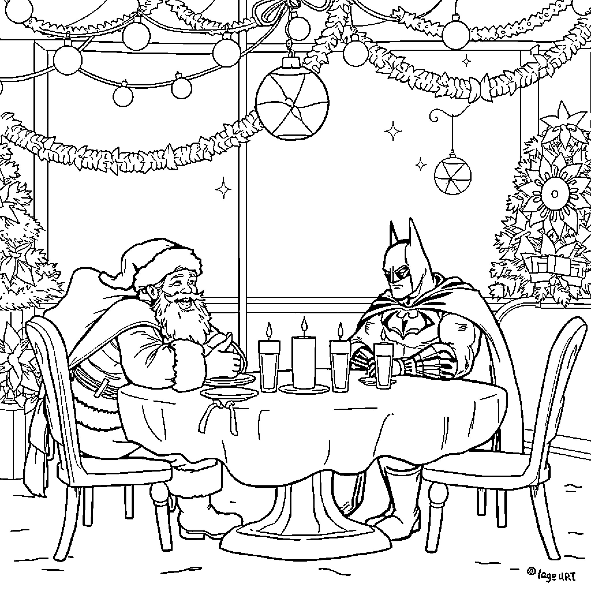 Batman and Santa Enjoying Christmas Dinner Together Coloring Page (free black-and-white line drawing printable PDF for all, from beginners to advanced learners, including children, teens, adults, and seniors)