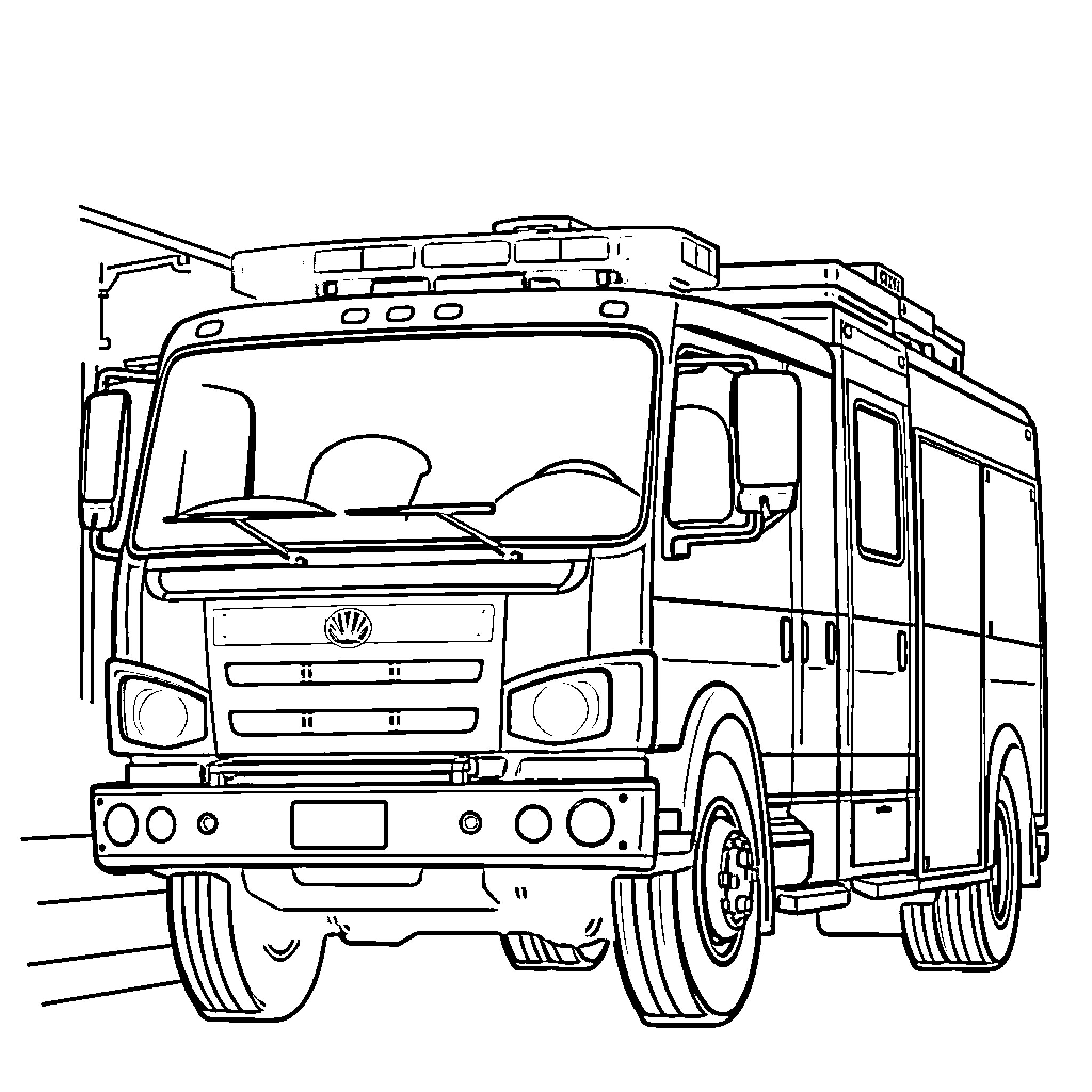 Fire Truck on the move with emergency equipment Coloring Page (free black-and-white line drawing printable PDF for all, from beginners to advanced learners, including children, teens, adults, and seniors)