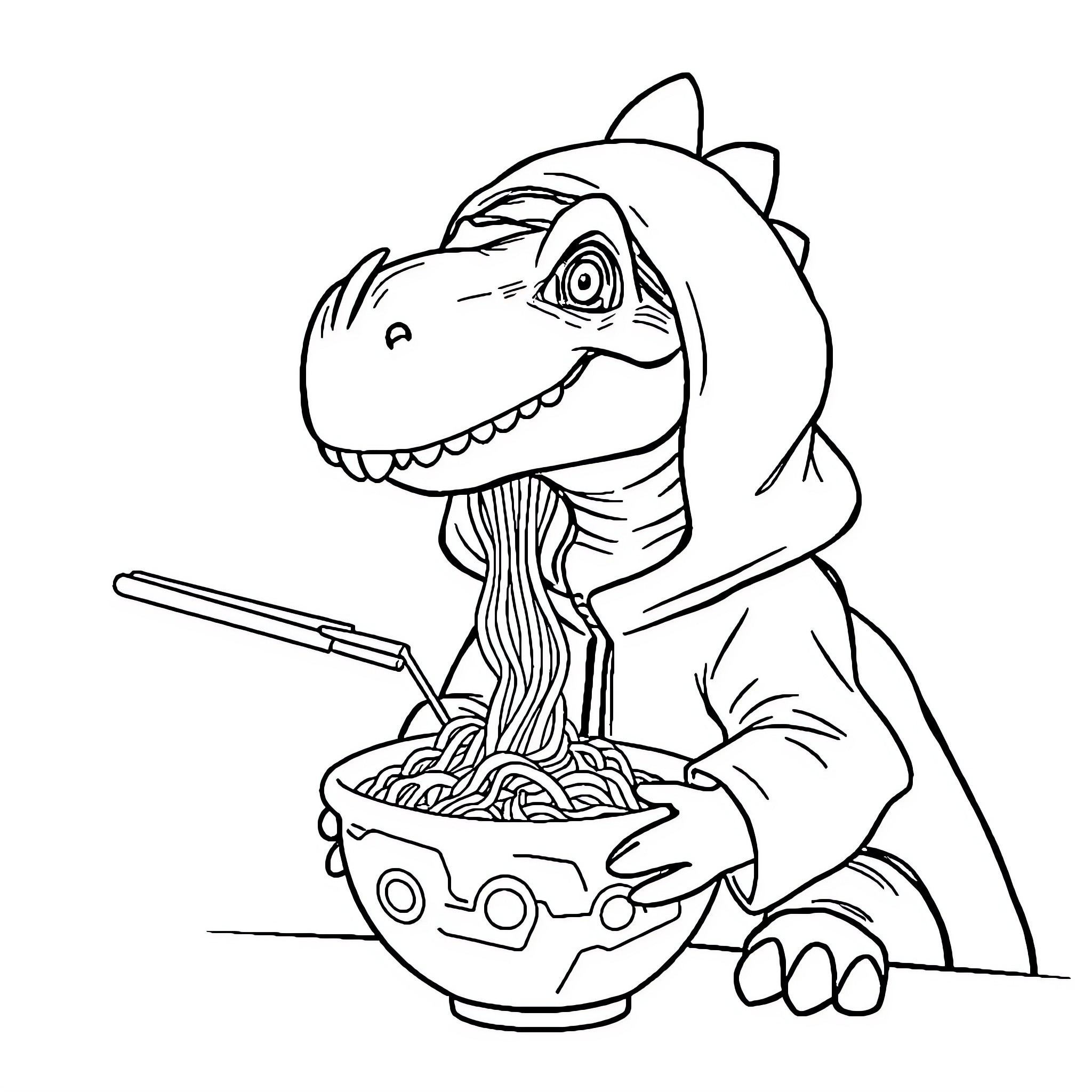 Dinosaur eating noodles from a bowl Coloring Page (free black-and-white line drawing printable PDF for all, from beginners to advanced learners, including children, teens, adults, and seniors)