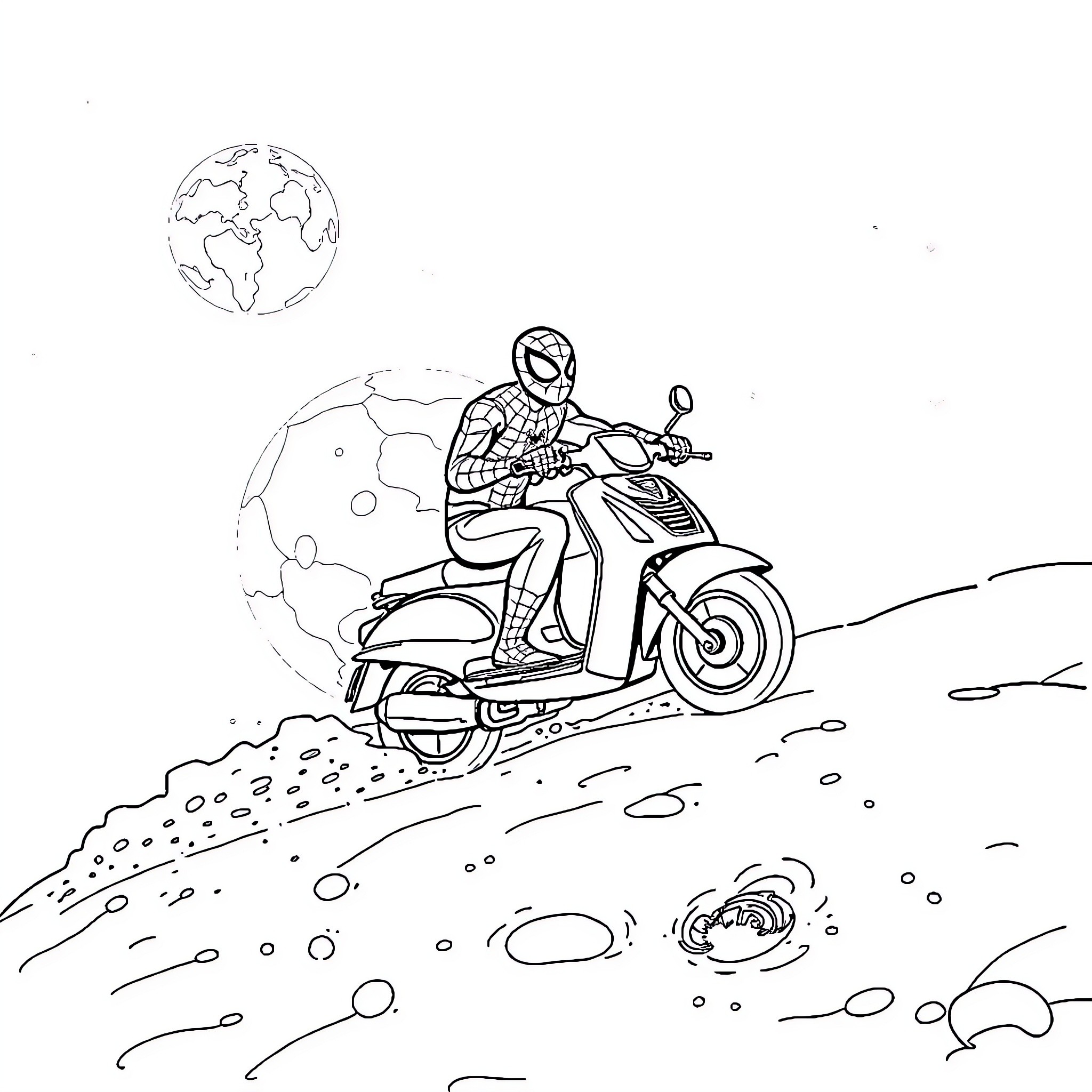 Spiderman riding a scooter on a rocky path Coloring Page (free black-and-white line drawing printable PDF for all, from beginners to advanced learners, including children, teens, adults, and seniors)