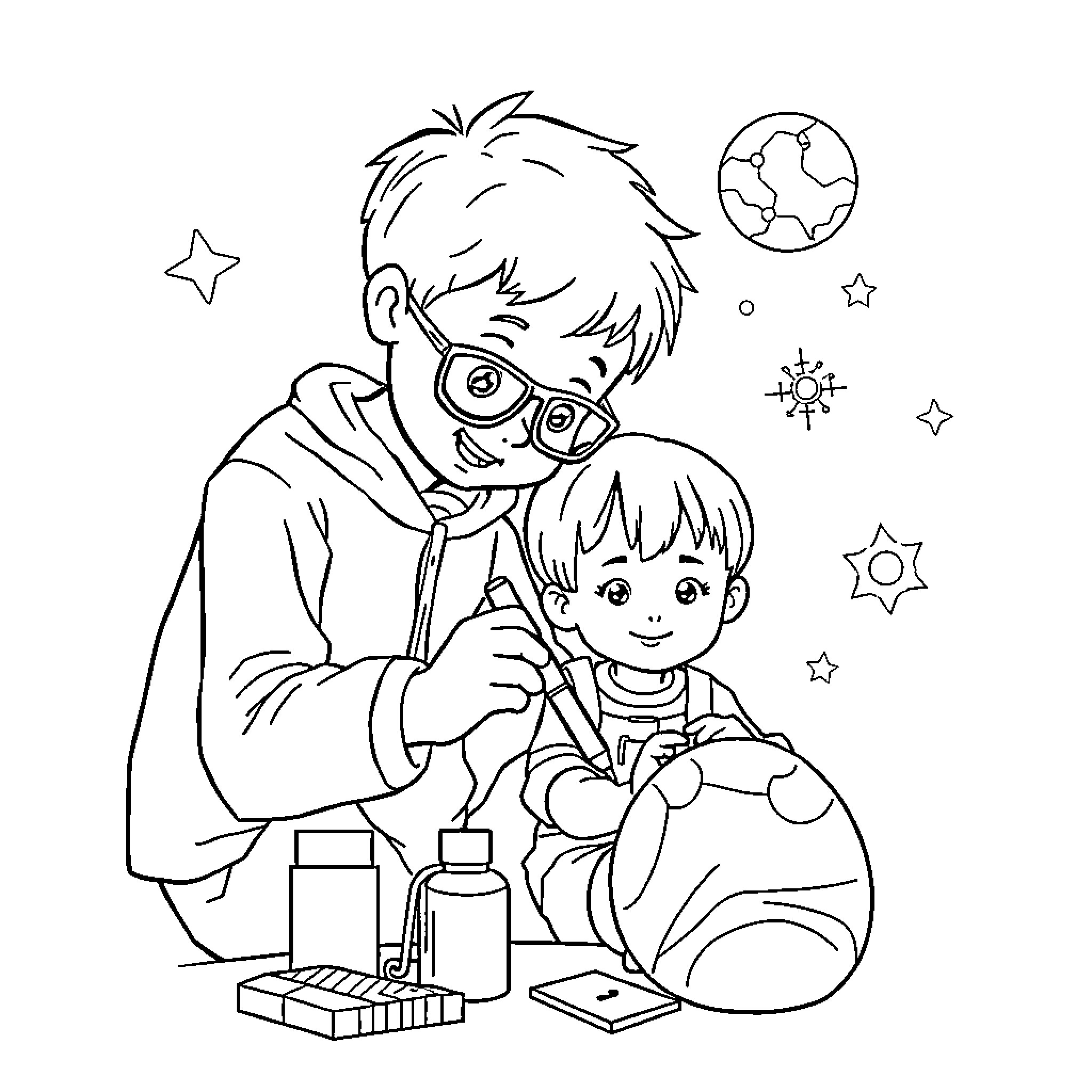 Kid Scientist Exploring with Young Companion Coloring Page (free black-and-white line drawing printable PDF for all, from beginners to advanced learners, including children, teens, adults, and seniors)