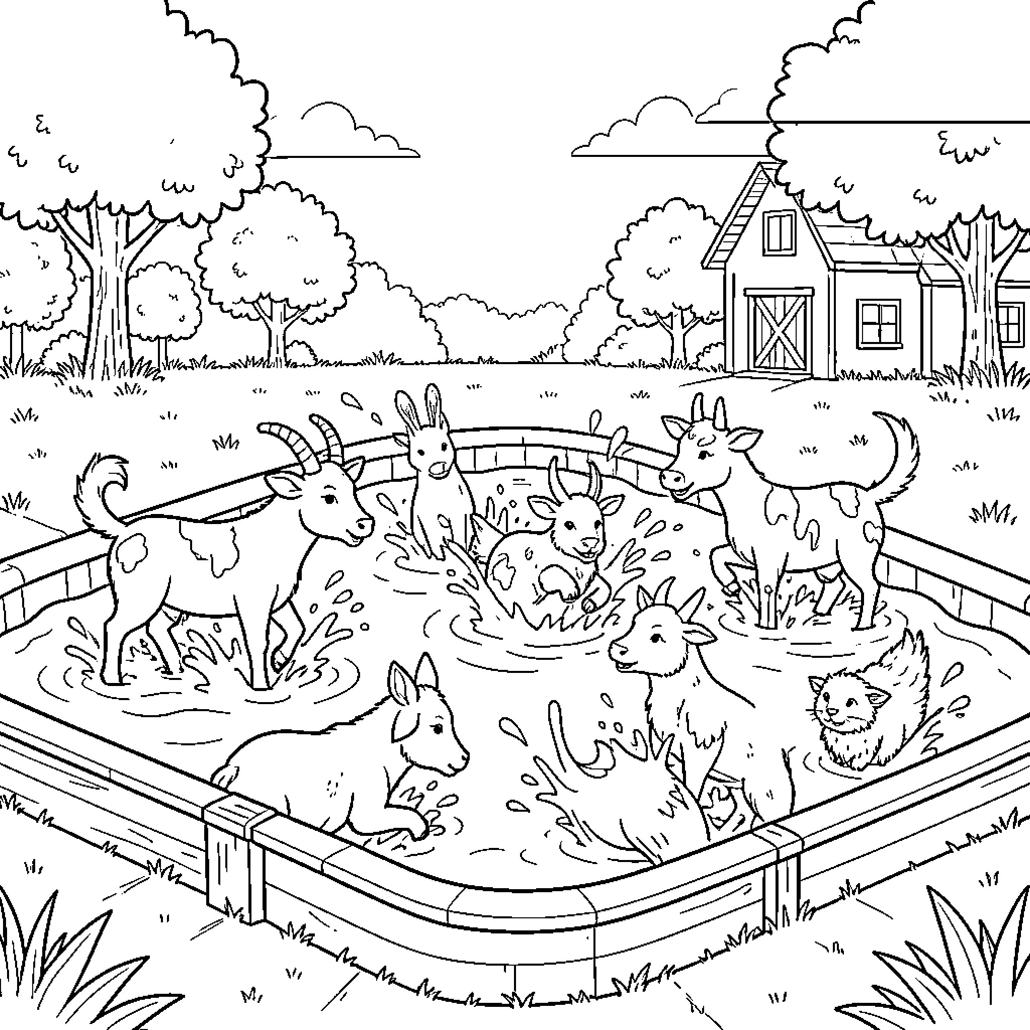 Farm Animals playing and splashing in a pool Coloring Page (free black-and-white line drawing printable PDF for all, from beginners to advanced learners, including children, teens, adults, and seniors)