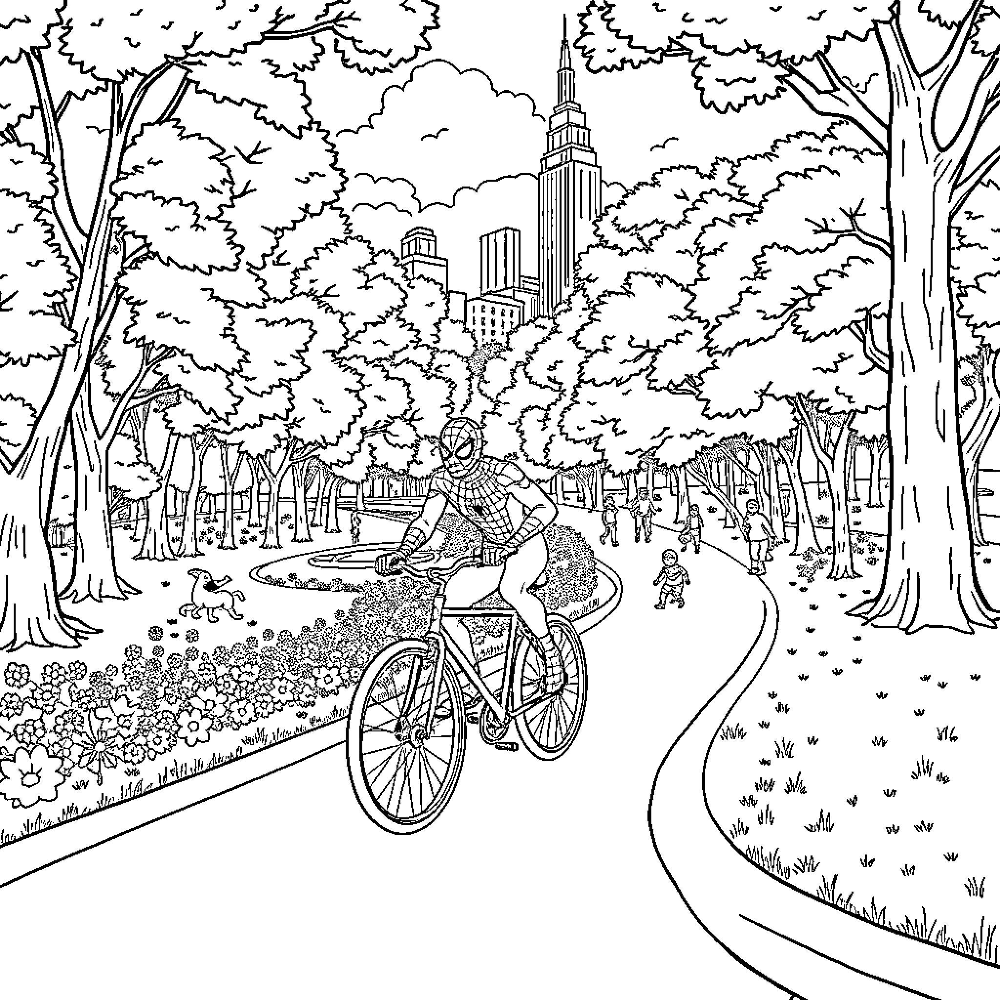 Spiderman cycling through a scenic park Coloring Page (free black-and-white line drawing printable PDF for all, from beginners to advanced learners, including children, teens, adults, and seniors)